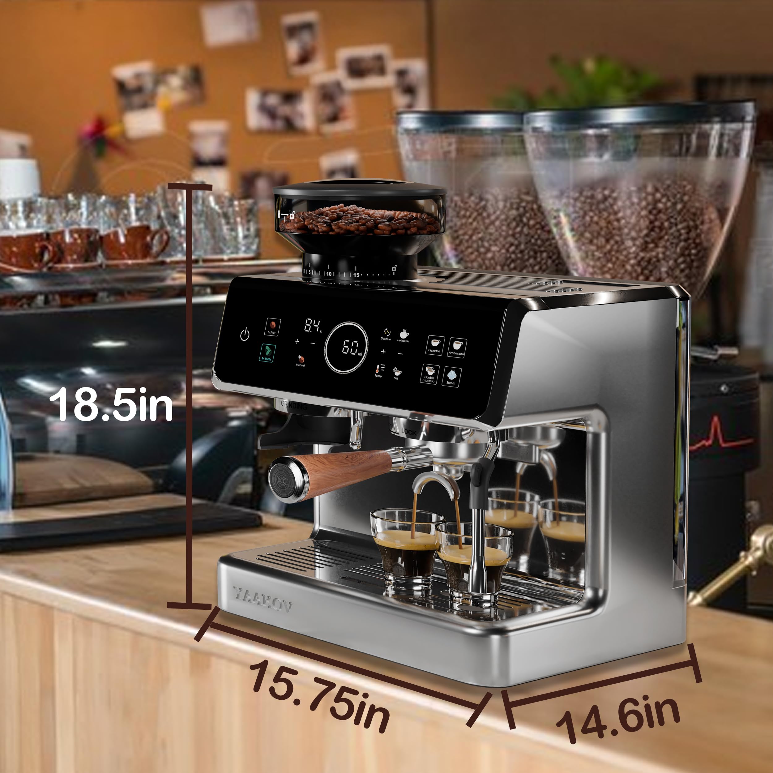 YAAKOV Semi-Automatic Espresso Machine with Built-in Coffee Grinder & Milk Frother - Commercial Steam Wand for Perfect Lattes & Cappuccinos - Ideal for Home Baristas & Coffee Shops