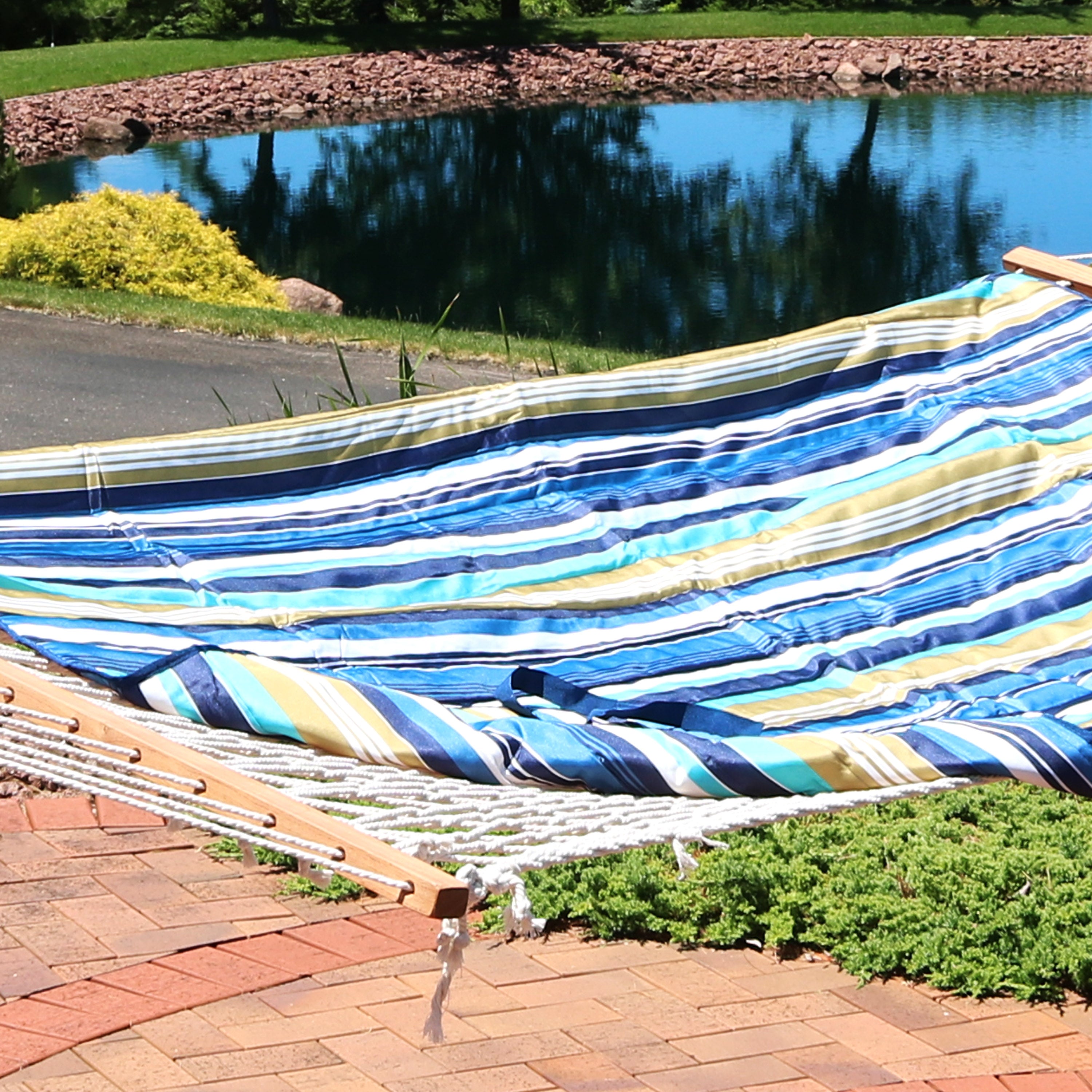 Premium Sunnydaze Rope Hammock with 12-Foot Steel Stand, Comfortable Pad & Pillow - Perfect for Backyard Relaxation, Beach Lounging & Outdoor Camping