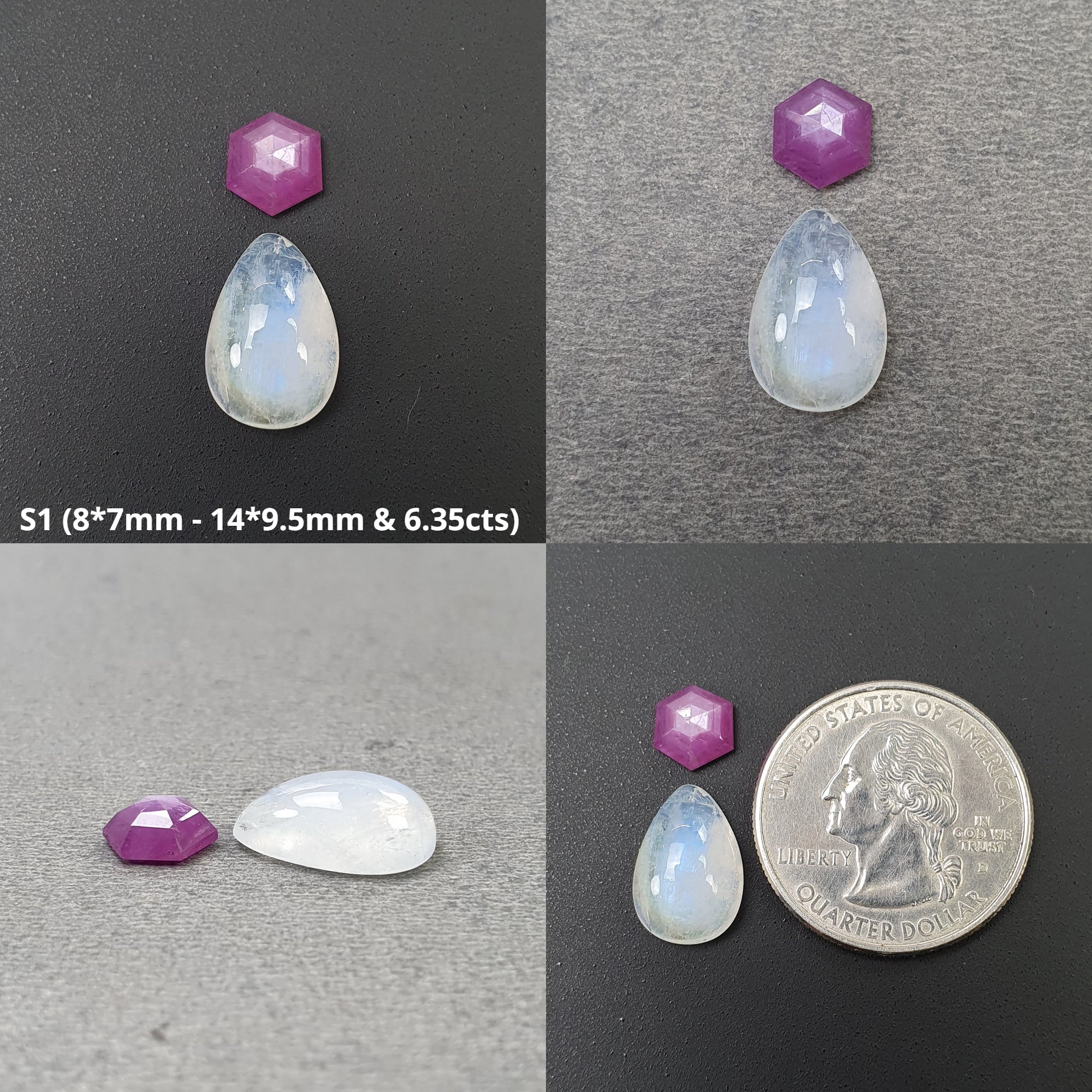 Natural Untreated Rainbow Moonstone & Raspberry Sapphire Gemstone Cabochon - Step Cut Pear Cushion Hexagon 2pcs for Jewelry Making, Wire Wrapping & Healing Crystal Collection