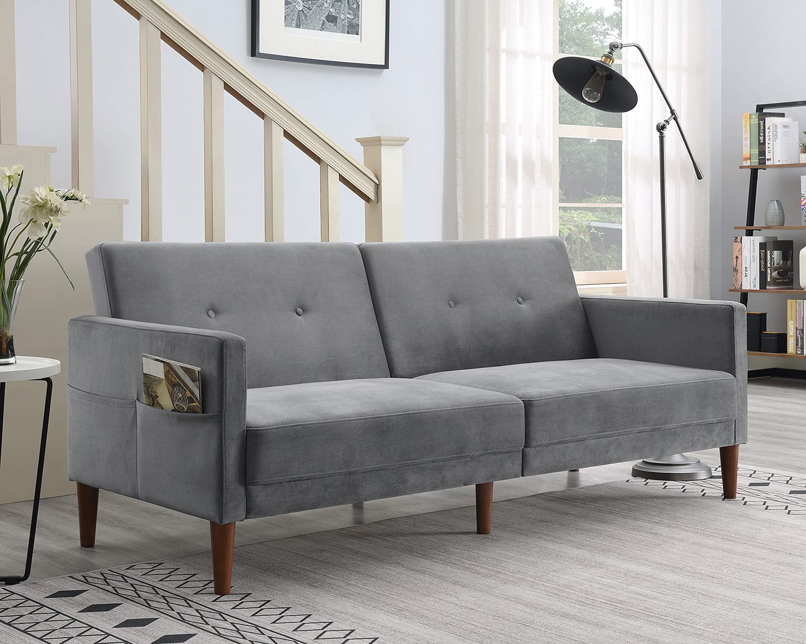 76-inch Velvet Futon Sofa Bed - Convertible Sleeper Sofa Couch with 5 Solid Wood Legs, Modern Upholstered Loveseat for Small Spaces, Apartments & Dorms | Grey Velvet Sofa for Living Room, Guest Room & Home Office