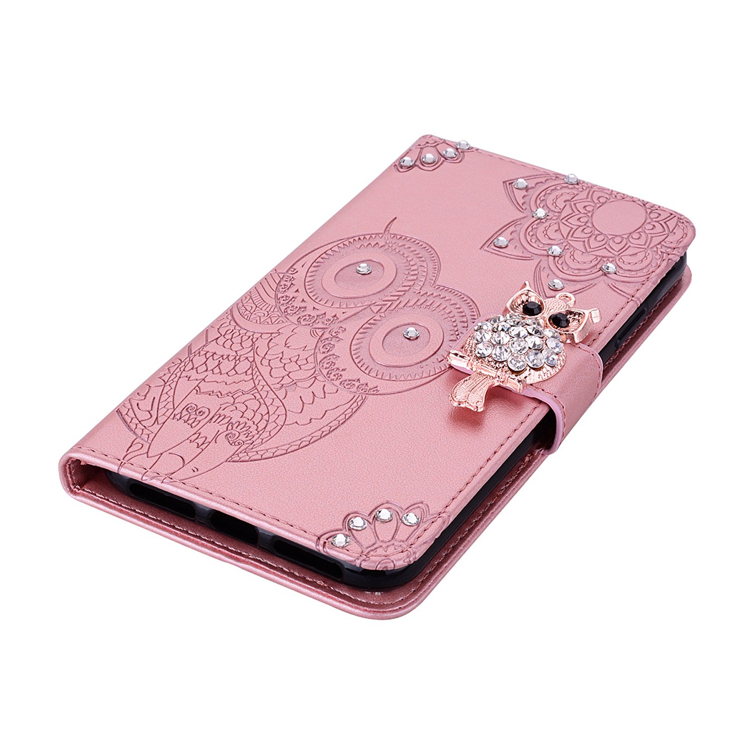 Samsung Galaxy Note 20 Ultra Case for Women - Glitter Bling Diamond PU Leather Wallet Phone Cover with Wrist Strap, Flip Stand & Card Slots (Rose Gold Owl Design) - Perfect for Daily Use, Travel & Gift Giving