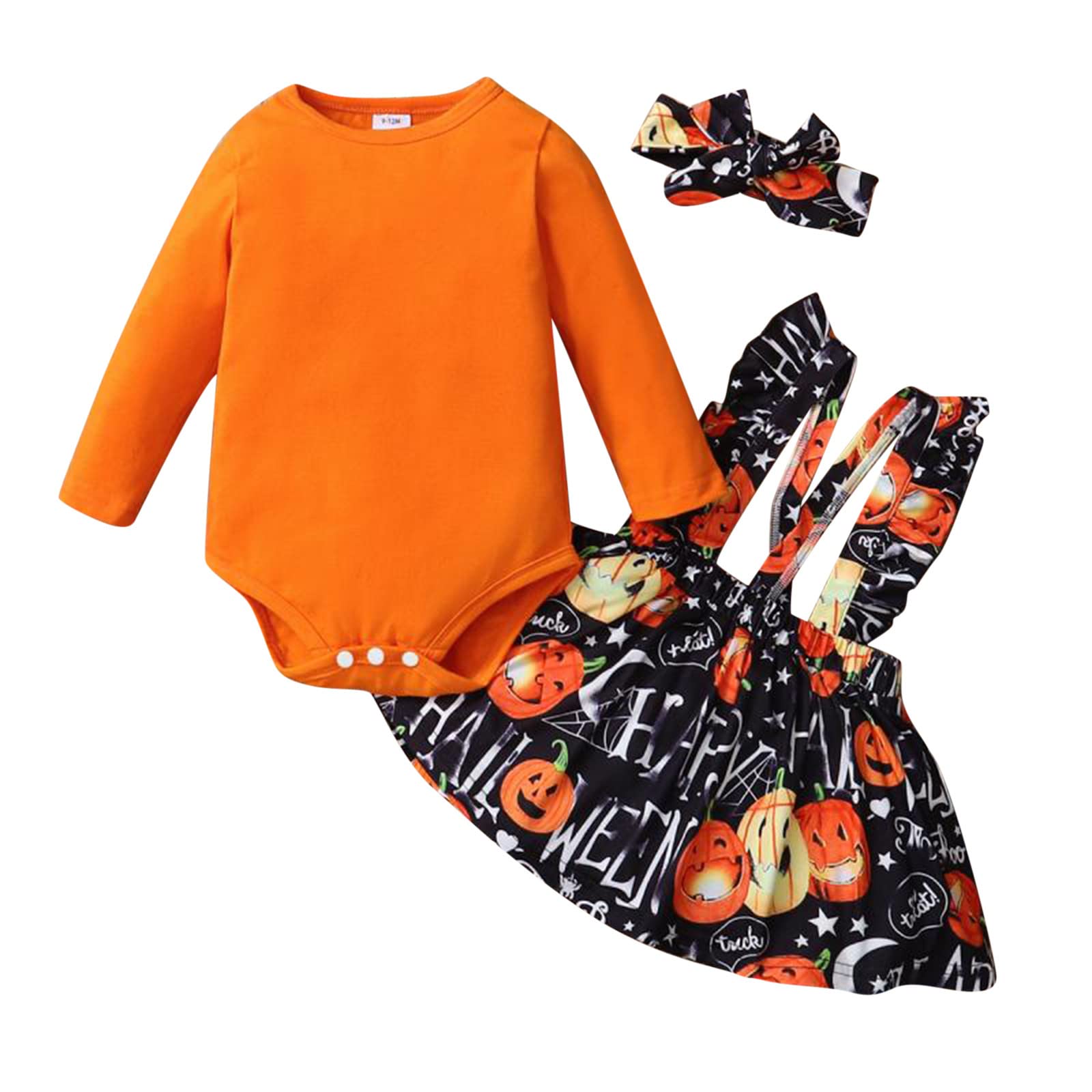 Baby Girl Halloween Outfit - Cute Long Sleeve Romper with Cartoon Print & Suspenders | Newborn Costume with Matching Headband | Perfect for Halloween Parties, Photo Shoots & Dress-Up Play