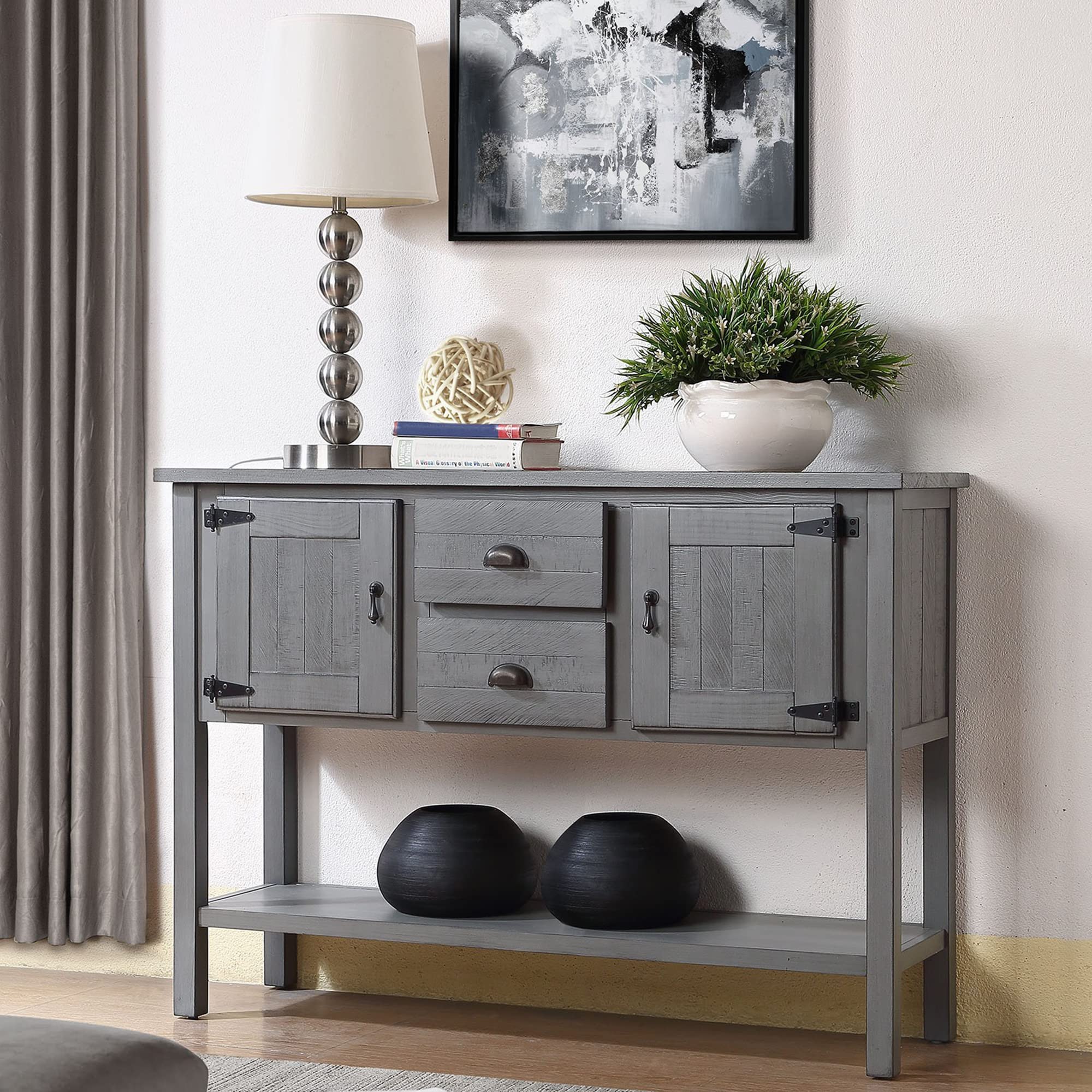 P PURLOVE Buffet Table Sofa Table Console Table with Storage Drawers & Bottom Shelf - Entryway Furniture, Living Room Sideboard, Dining Room Storage Cabinet (Antique Gray) - Perfect for Small Spaces, Hallway Decor & Home Organization