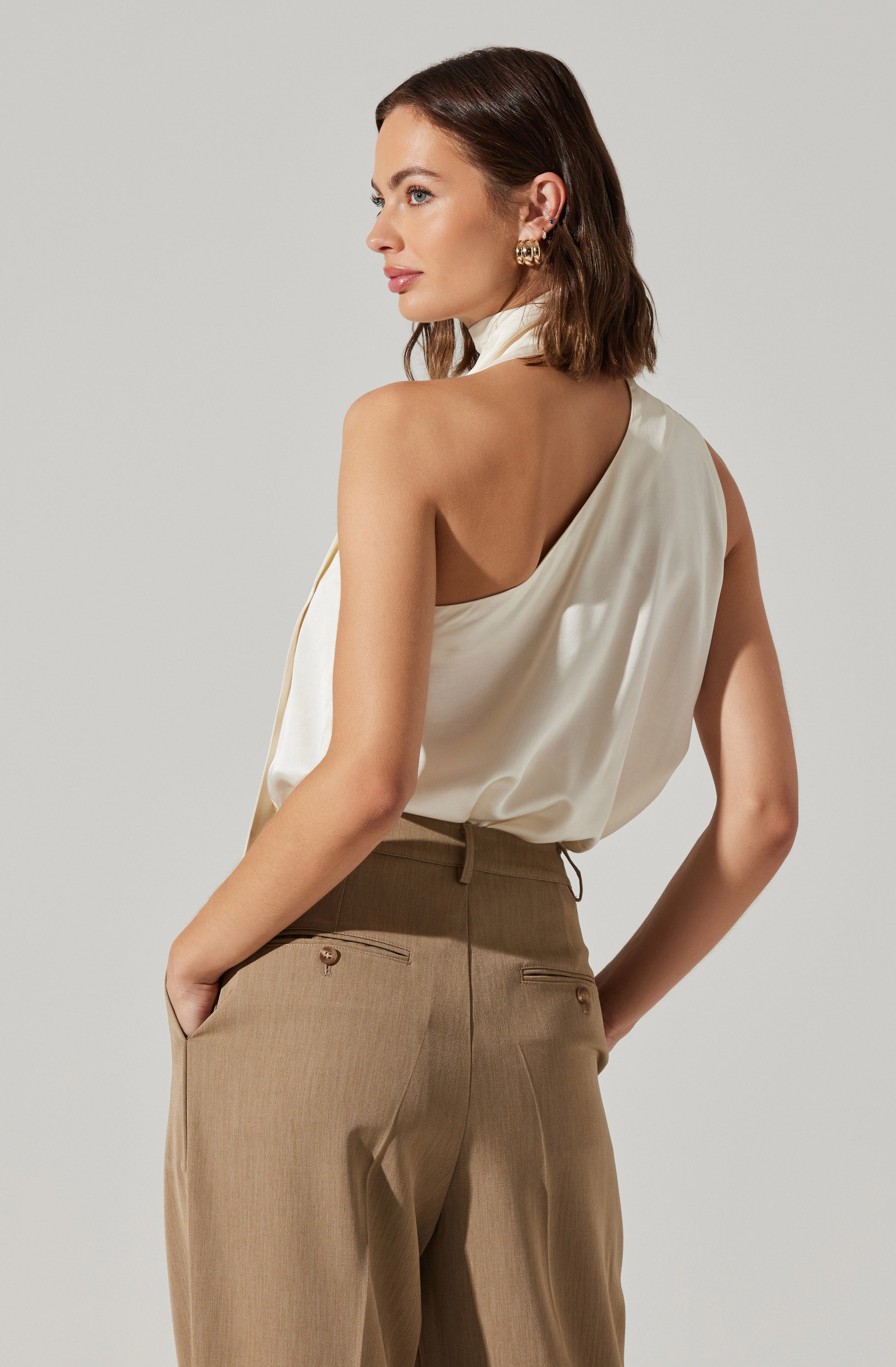 Stylish Partia Scarf Detail Asymmetric Top for Women - Trendy Asymmetrical Blouse with Scarf Accent - Perfect for Casual Outings, Office Wear & Date Nights