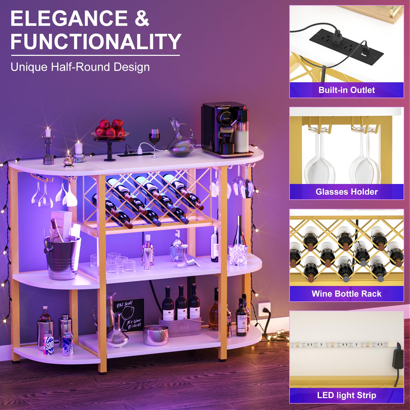 Premium 4-Tier Metal Coffee Bar Cabinet with Power Outlet & LED Lights - Freestanding Kitchen Bar Table with Glass Holder & Wine Storage - Elegant White & Gold Baker's Rack for Dining Room, Living Room & Home Bar Decor