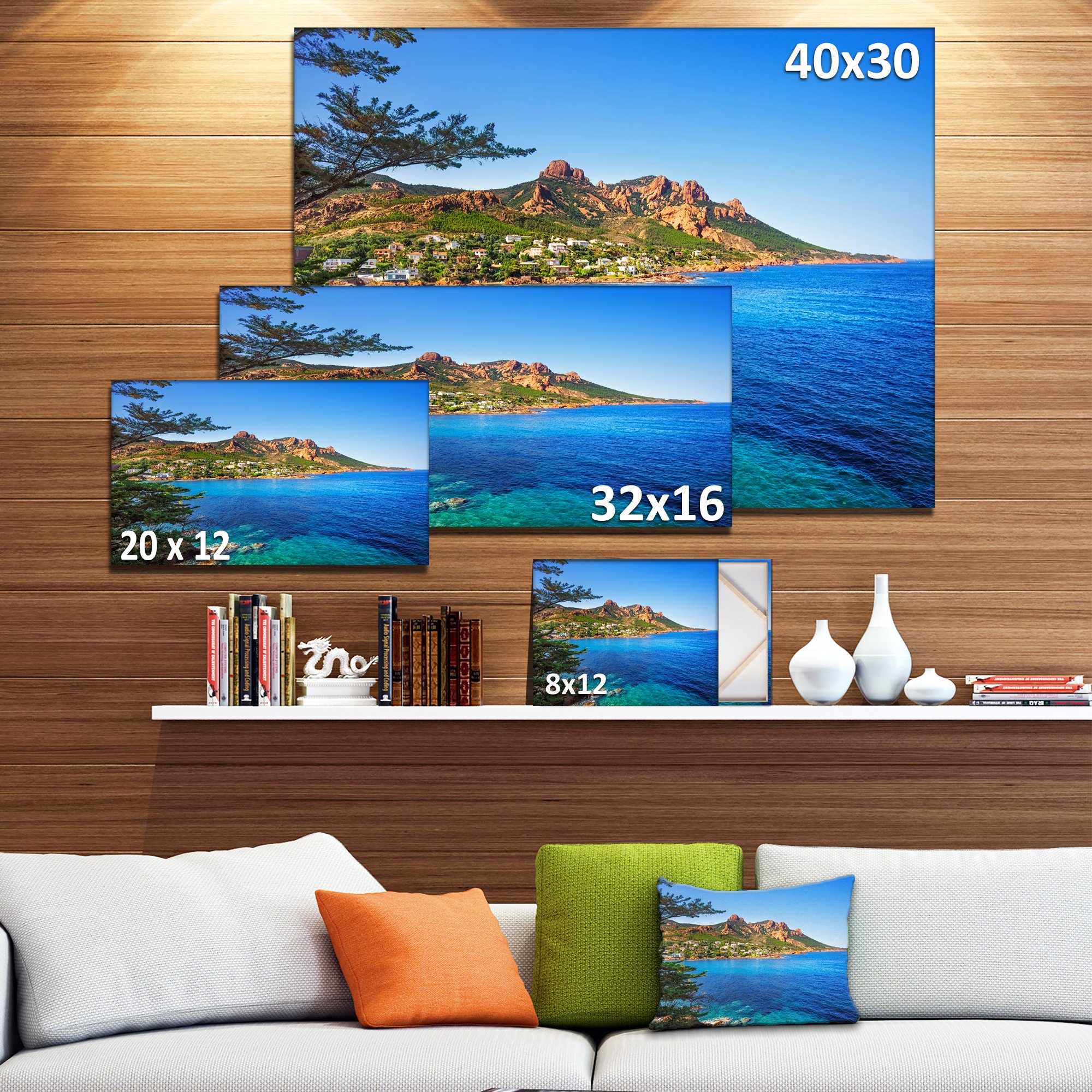 Esterel Rocks Beach Coast in Blue - Extra Large Seashore Canvas Wall Art for Living Room, Bedroom & Office Decor | Coastal Landscape Painting | Ocean Themed Home Decor