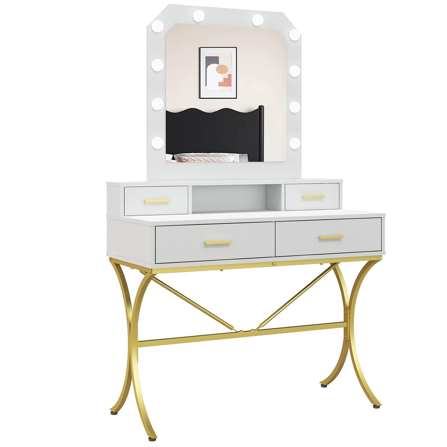 Modern Vanity Table with LED Lighted Mirror - 10 Lights Makeup Desk with 4 Drawers, White Dressing Table for Bedroom | Perfect for Makeup Application, Skincare Routine & Home Decor