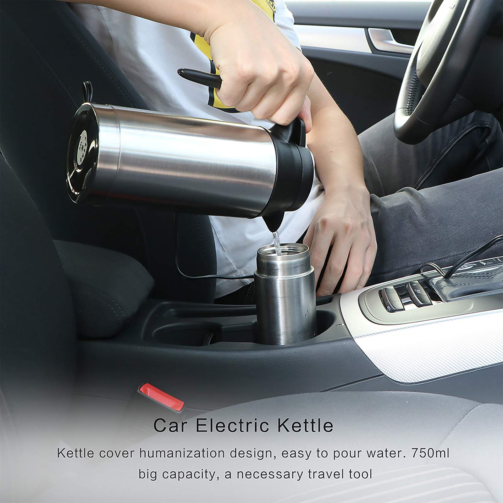 S SUNSBELL 750ml Portable Car Kettle - 12V DC Stainless Steel Travel Mug with Heater for Coffee, Tea & Hot Water - Perfect for Road Trips, Camping & Office Commutes