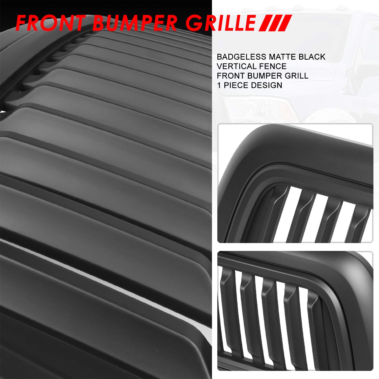 Auto Dynasty Matte Black Badgeless Vertical Slat Front Bumper Grille for Ram 2500 3500 DS/DJ/D2 (2010-2018) | Aggressive Style Upgrade for Trucks & Off-Road Adventures