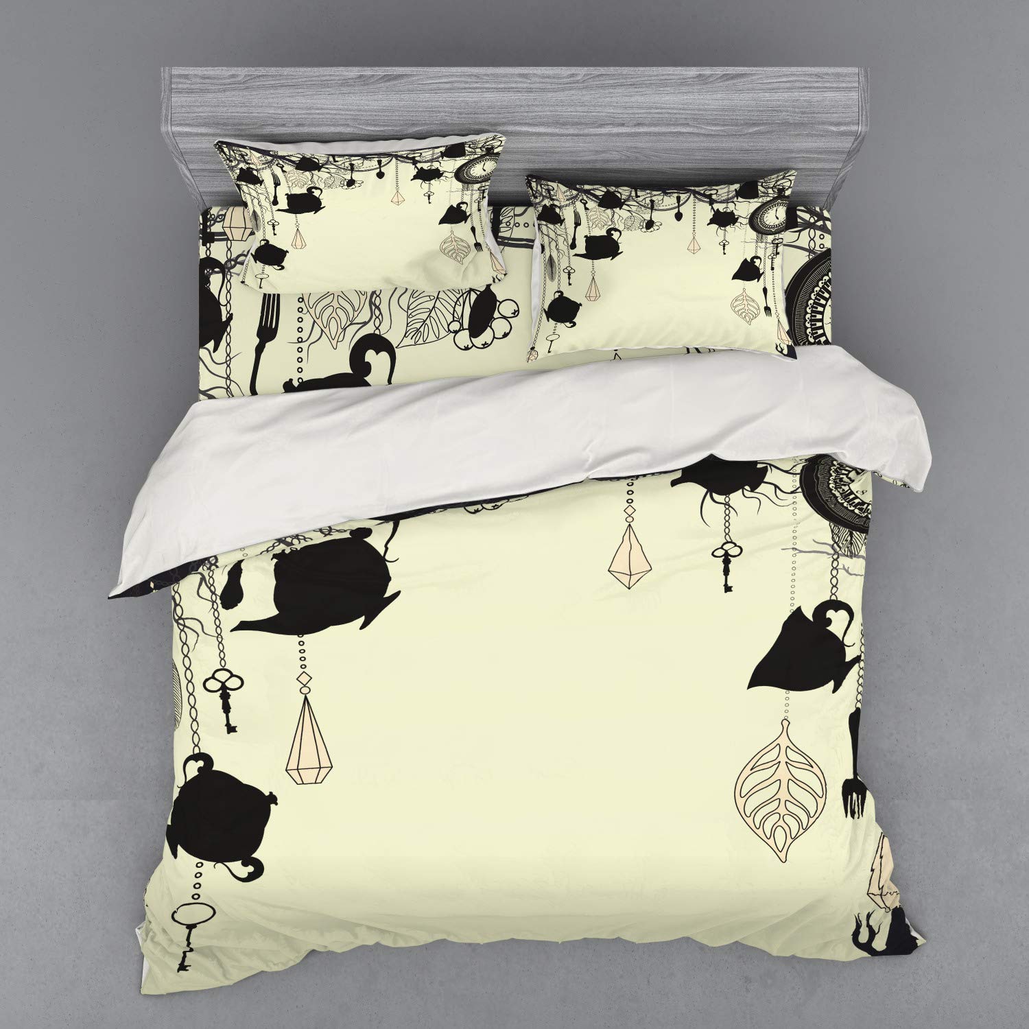 Ambesonne Vintage Tea Party Bedding Set - 4 Piece Duvet Cover with Shams & Fitted Sheet, King Size, Avocado Green & Black - Antique Diamond Forks Spoons Cups Leaves Tree Branch Design - Perfect for Boho Chic Bedrooms & Guest Room Decor