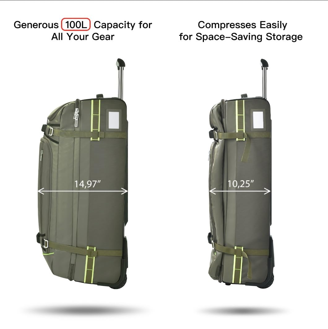 100L Large Rolling Duffle Bag with Wheels & 5 Handles - Heavy-Duty Expandable Travel Duffel with Compression Straps | Perfect for Air Travel, Camping Gear, Gym Equipment & Long Trips