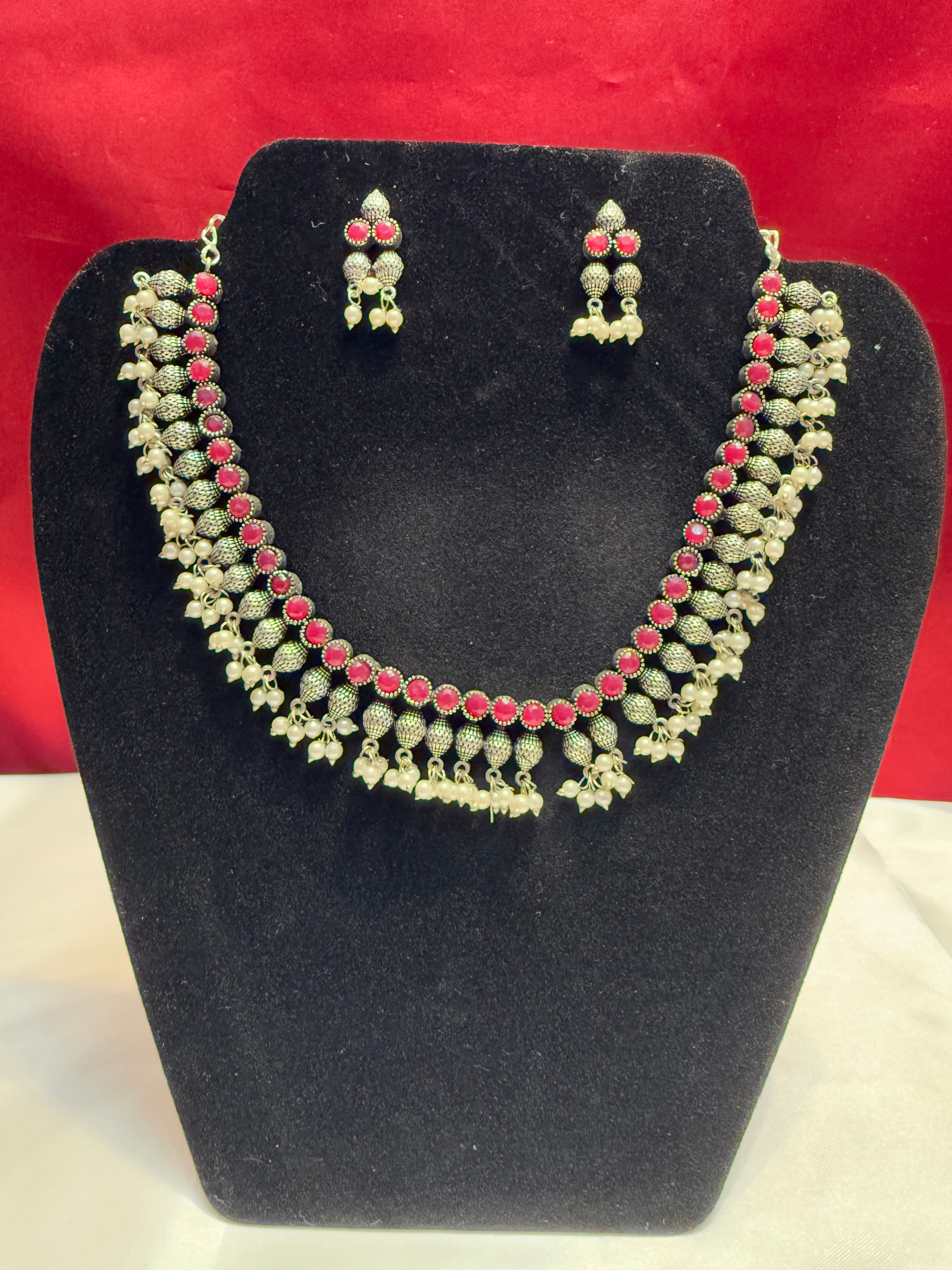 Elegant Magenta Pearl Drop Oxidized Necklace Set for Women - Perfect for Weddings, Parties & Special Occasions