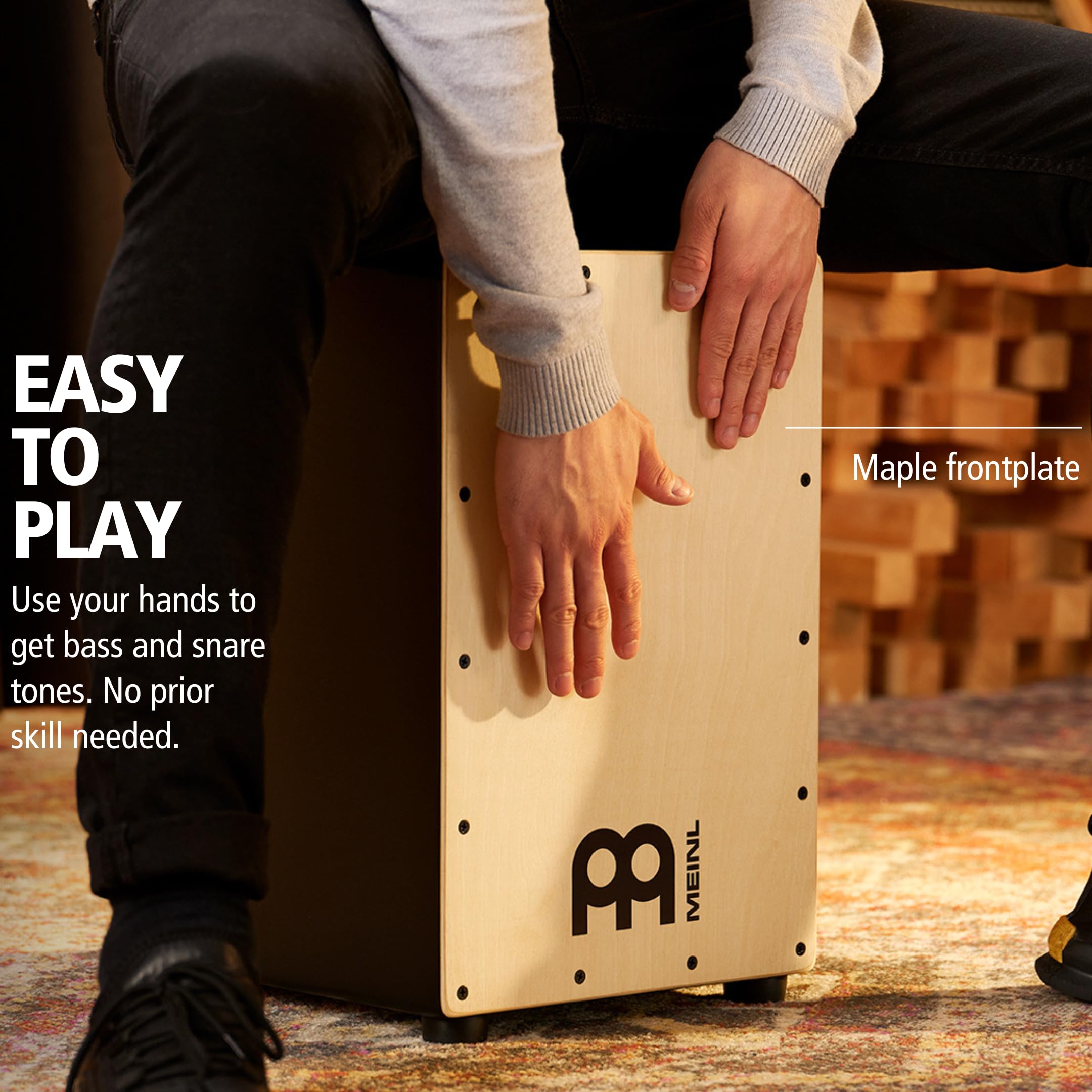 Meinl MCAJ100BK-MA Professional Cajon Drum with Internal Snares - Maple Wood Front Plate & MDF Body - Full Size Percussion Instrument for Live Performance & Studio Recording - 2 Year Warranty - Not Made in China