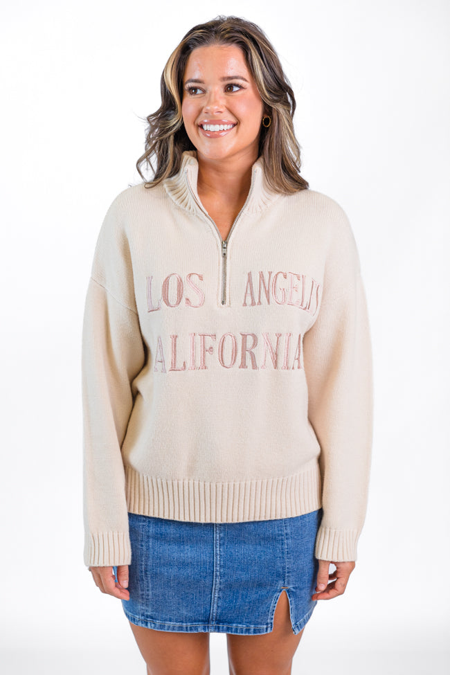 Roll With It Beige Los Angeles Embroidered Quarter Zip Sweater - Cozy Pullover for Women | Casual Fall & Winter Fashion | Perfect for Streetwear, Travel & Coffee Dates