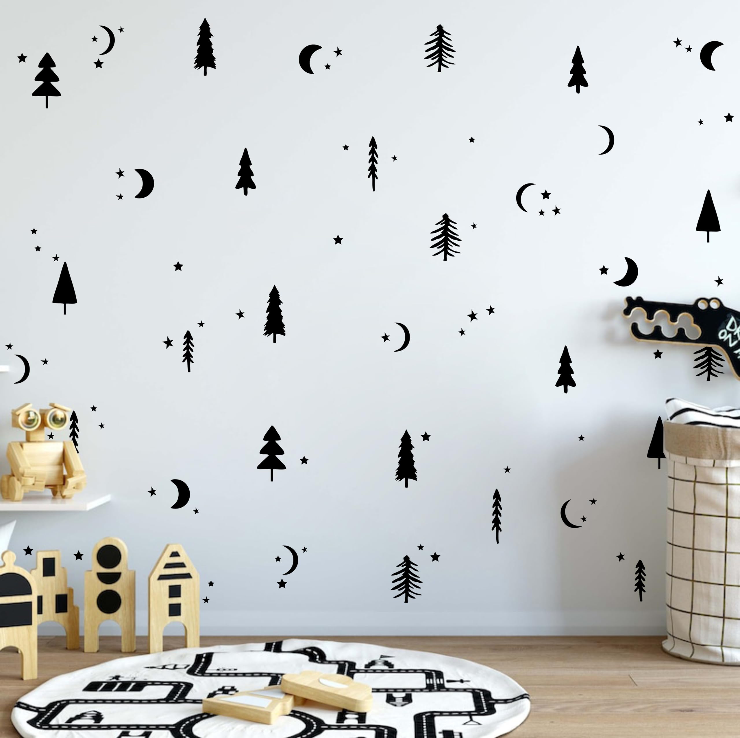 Starry Night Forest Wall Decals - Moon and Stars Peel & Stick Removable Wall Stickers for Kids Room & Nursery Decor - Black (Perfect for Bedroom, Playroom & Dorm Room Wall Art)