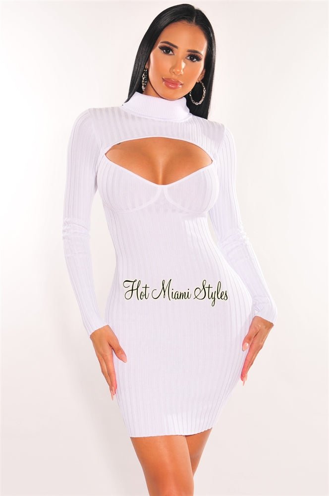 Elegant White Ribbed Knit Turtleneck Long Sleeve Cut Out Bodycon Dress for Women | Party, Date Night & Winter Fashion