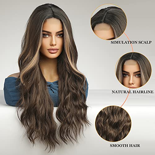 Brown Wavy Long Lace Front Wig with Highlights - Perfect for Cosplay, Daily Wear & Special Occasions