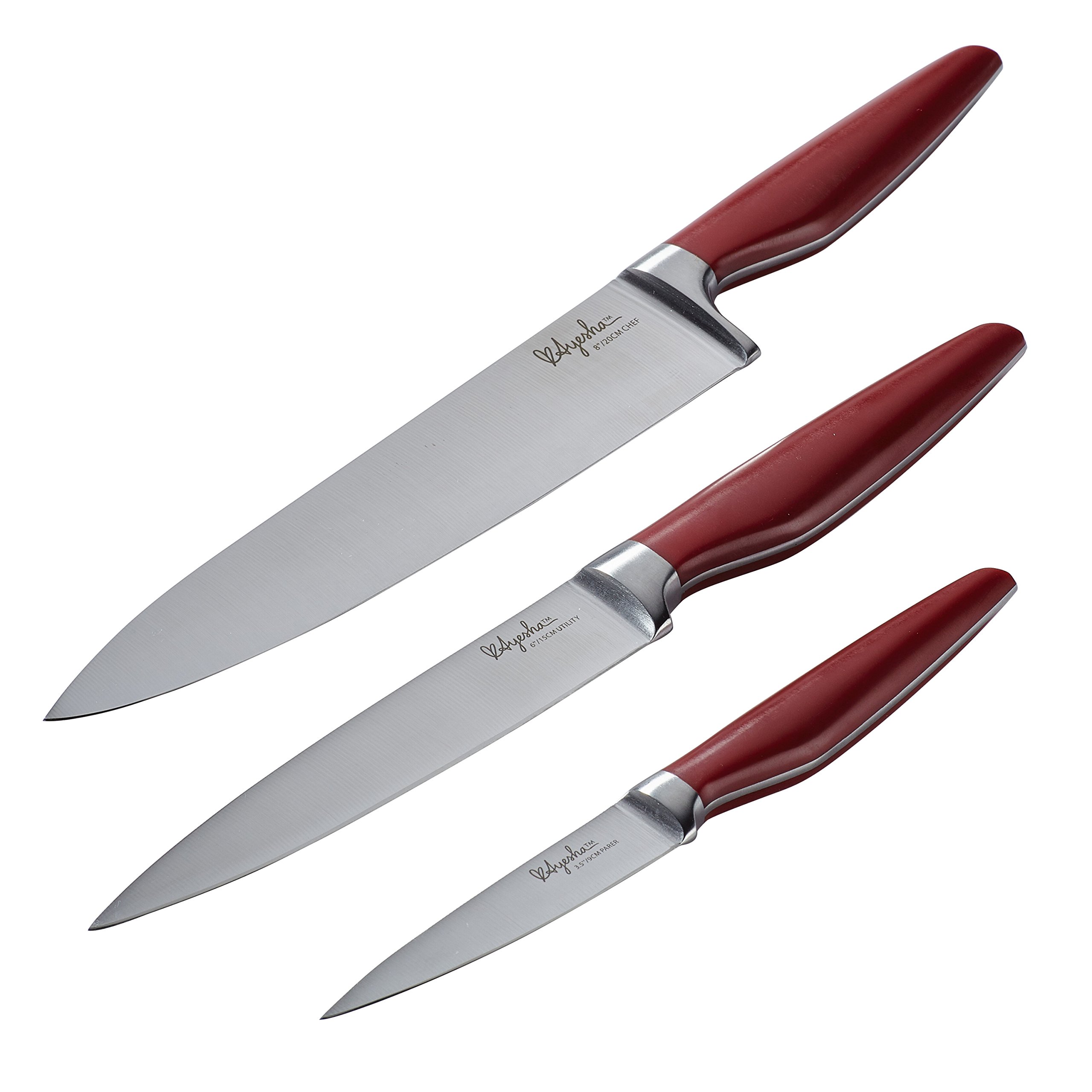 Ayesha Curry Nonstick Cookware Set & Japanese Stainless Steel Knife Set Bundle - 9-Piece Pots & Pans + 3-Piece Knives with Sheaths (Sienna Red) - Perfect for Home Cooking, Professional Chefs & Kitchen Enthusiasts