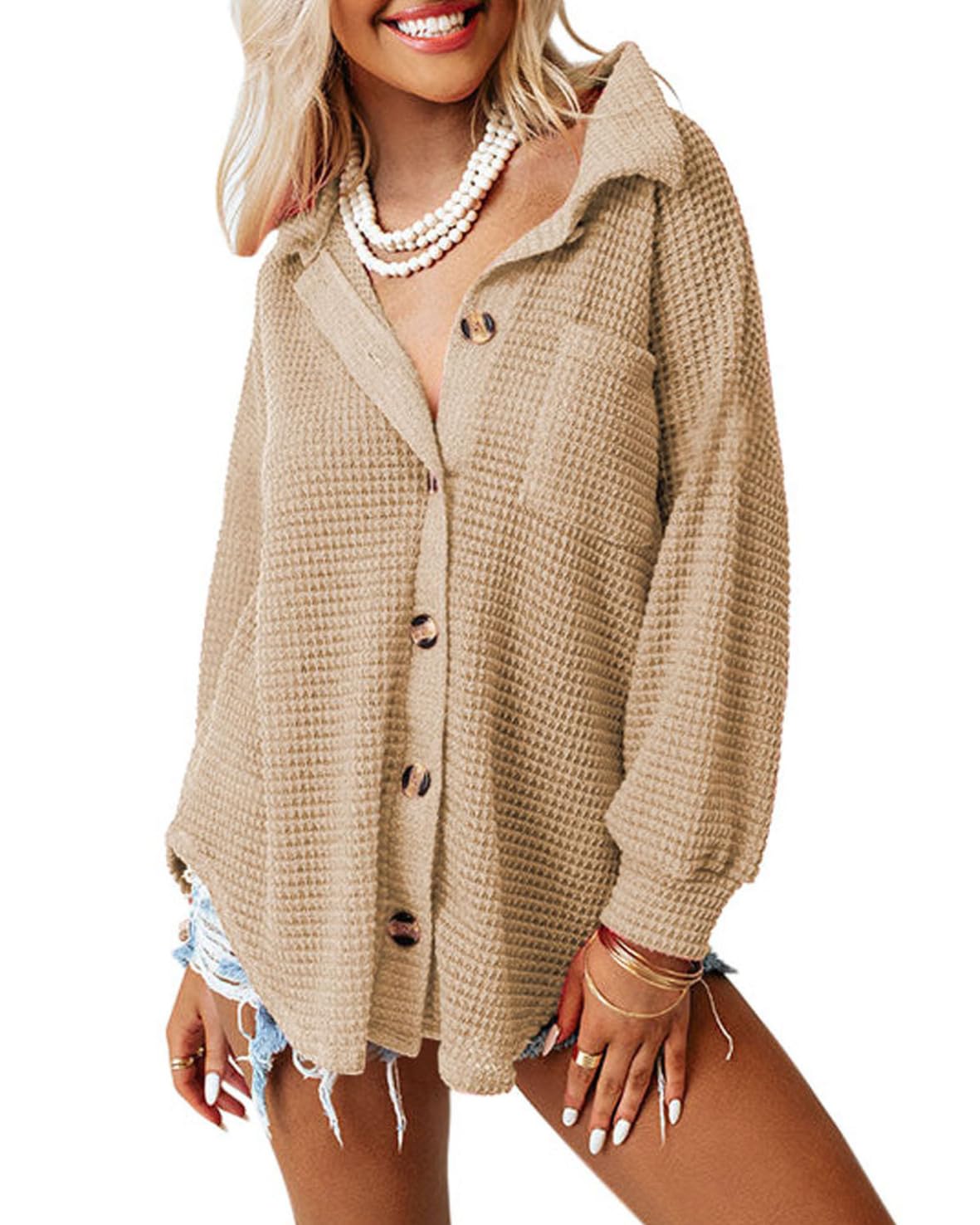 Dokotoo Women's Waffle Knit Shacket Jacket - Casual Long Sleeve Button Down Shirt Blouse for Work & Fall Outfits | Stylish Layering Top for Office, Date Night & Weekend Wear