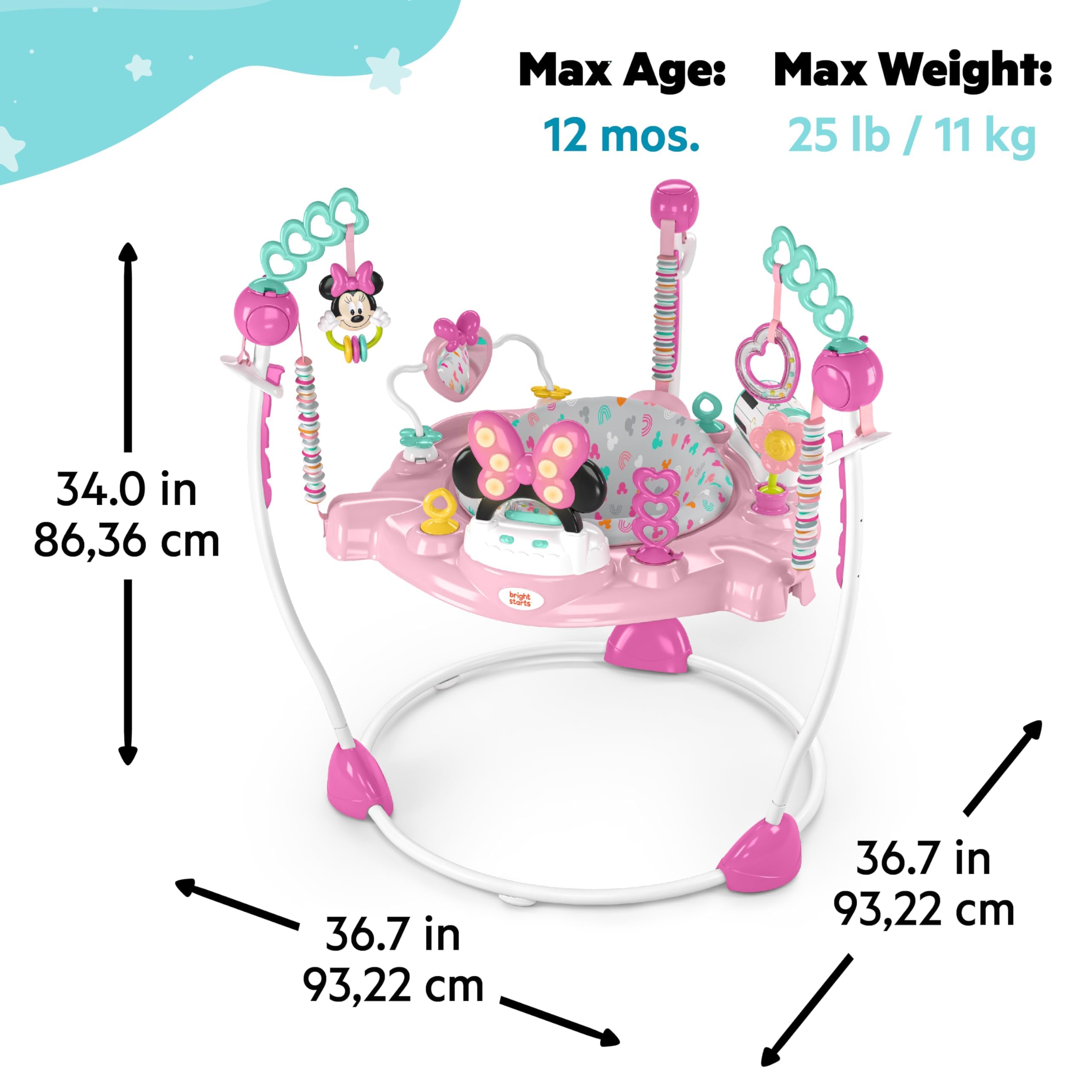 Bright Starts Disney Baby Minnie Mouse Forever Besties Baby Activity Jumper with 10 Interactive Toys, Lights & Sounds, 360-Degree Rotating Seat for Infants 6-12 Months (Pink) - Perfect for Playtime, Learning & Motor Skill Development
