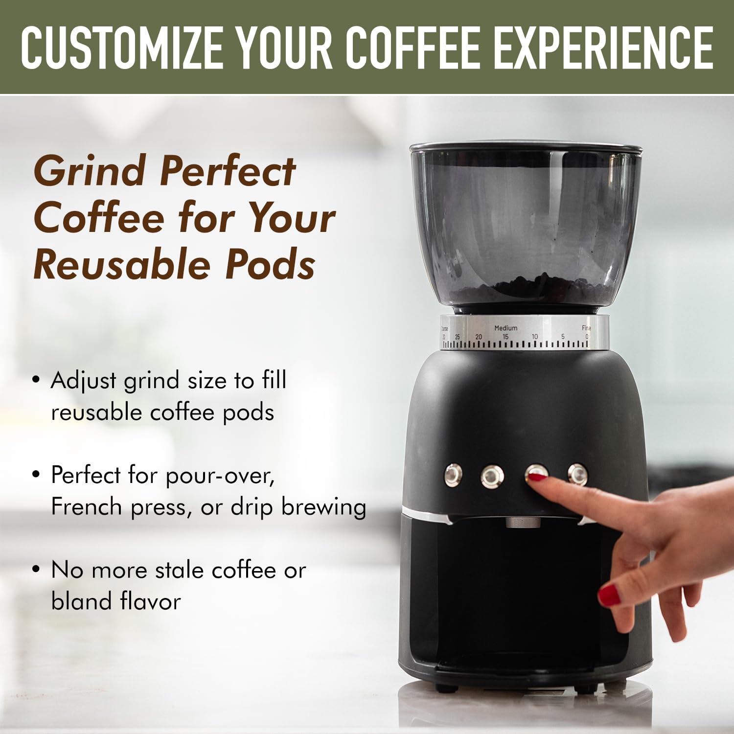 Premium Electric Coffee Grinder for Reusable Pods - Single Serve Burr Grinder for Keurig/Nespresso Machines - Adjustable Fine to Coarse Grind - Perfect for Home, Office & Travel Use - Save Money & Reduce Waste with Fresh Ground Coffee Daily