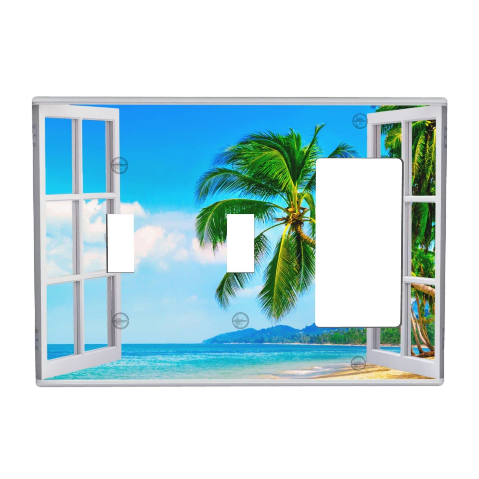 Beach View Decorative Wall Plate - 3-Gang Toggle/Rocker Light Switch Cover with Palm Tree Scenery - Durable Outlet Cover for Living Room, Bedroom, Bathroom - Perfect for Coastal, Tropical and Vacation Home Decor