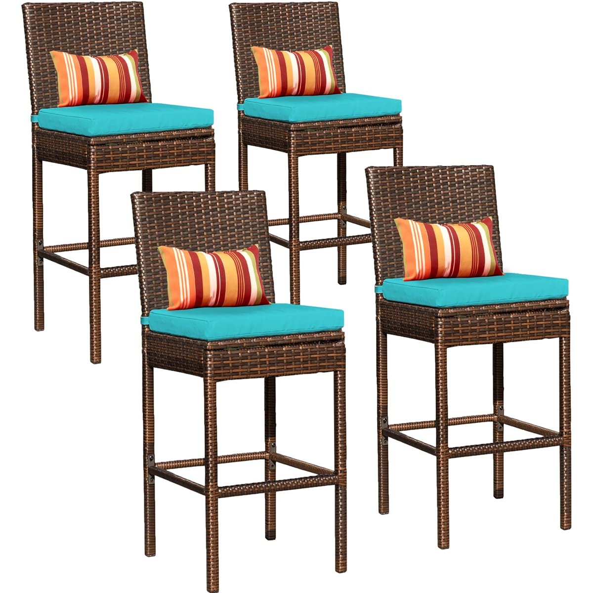 Sundale Outdoor Bar Stools Set of 4 - All-Weather Woven Wicker Patio Chairs with Blue Cushion & Pillow, Armless Steel Frame, Brown - Perfect for Backyard, Poolside, and Garden Entertaining