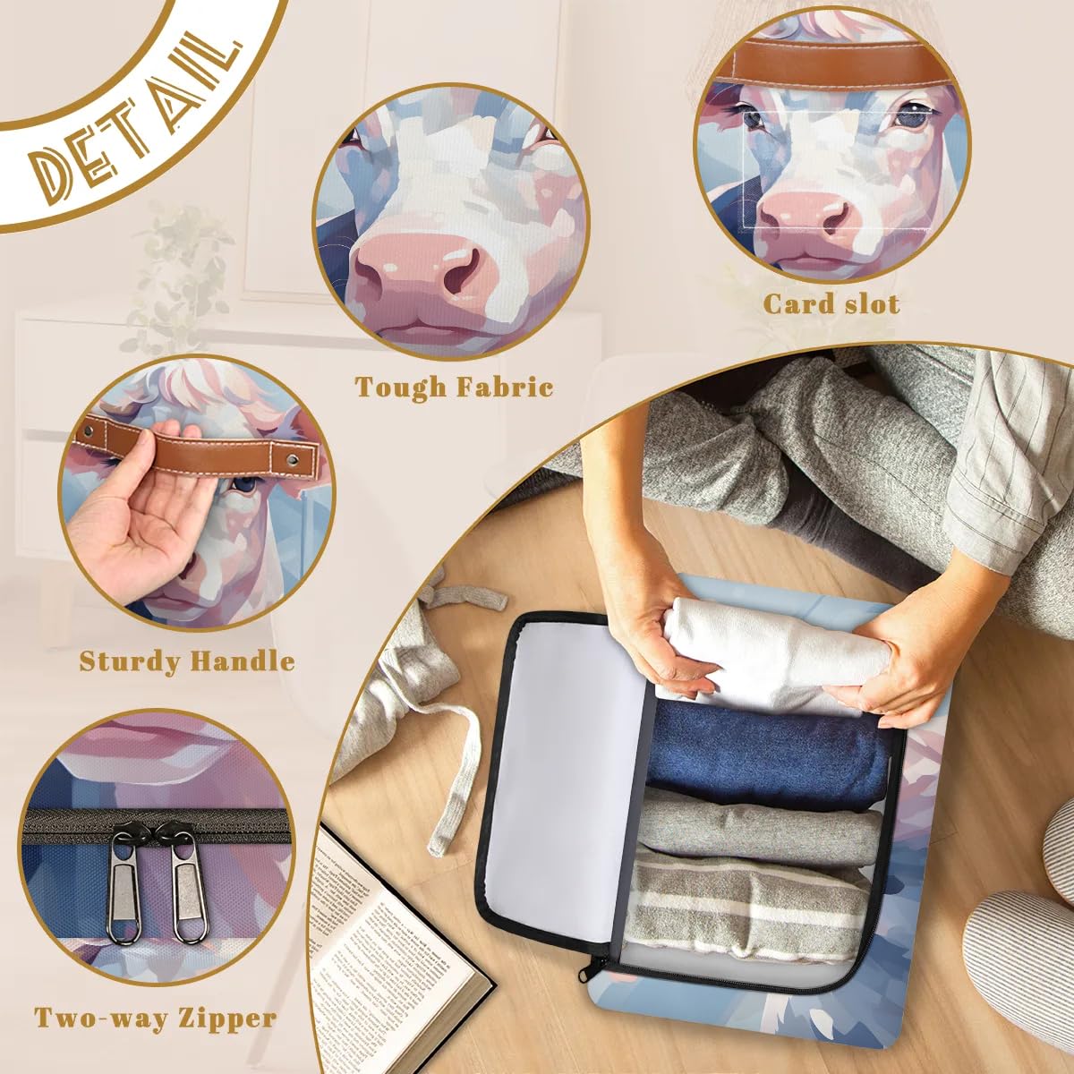 Collapsible Fabric Storage Bins with Lids - Cow Print Stackable Organizer Cubes for Closet, Home & Office | Dustproof Foldable Storage Box for Clothes, Toys, Blankets & Seasonal Items | Perfect for Bedroom, Nursery & Dorm Organization