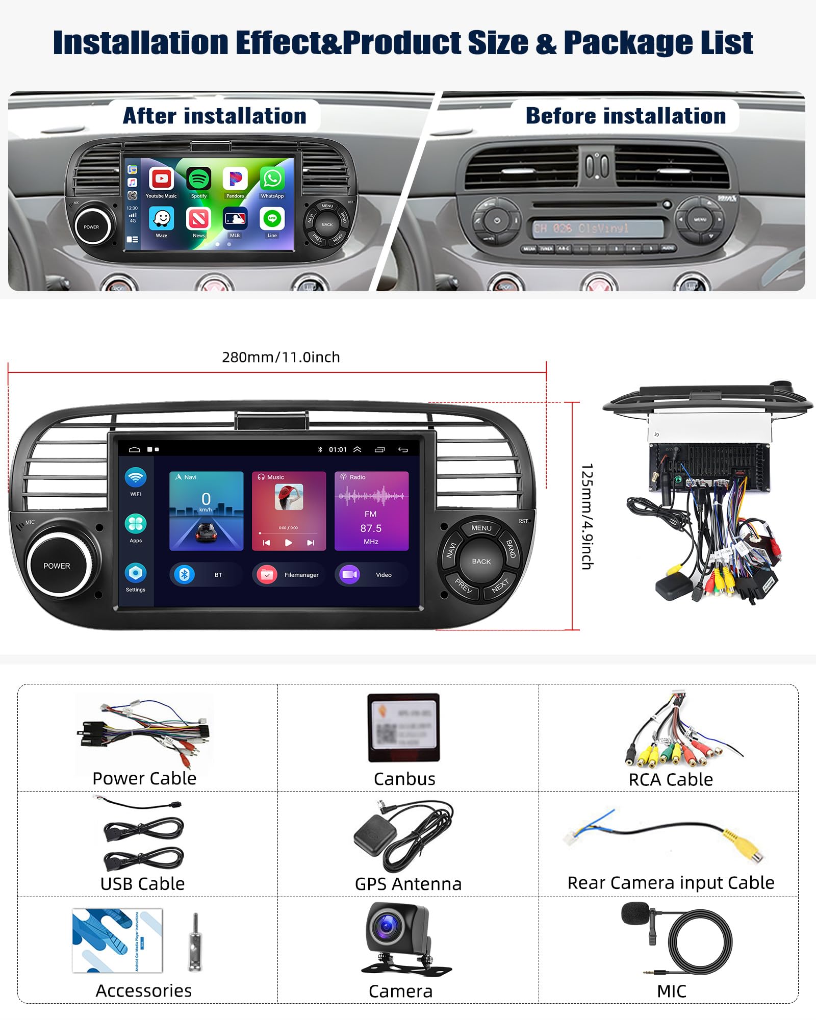 CAMECHO 7 Inch Android 13 Car Stereo for Fiat 500 2007-2015 - Wireless Apple CarPlay & Android Auto, Double Din Touchscreen with GPS Navigation, Bluetooth, HiFi Audio, WiFi, FM Radio & Rear View Camera - Perfect for Upgrading Your Car Entertainment System