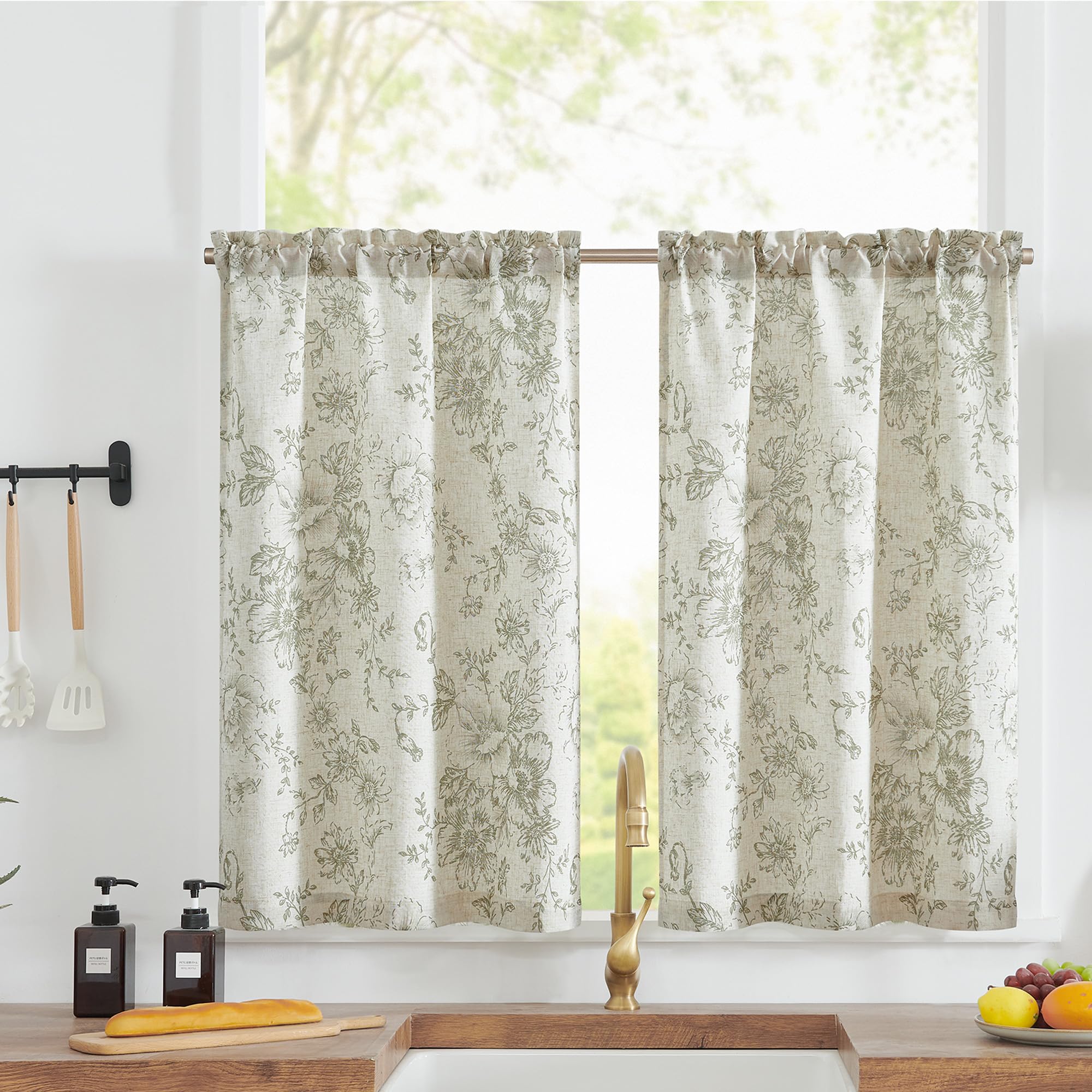 Jinchan Floral Linen Tier Curtains - Sage on Beige Farmhouse Cafe Curtains, 36 Inch Length, Rod Pocket, Set of 2 Panels for Kitchen, Living Room, Bedroom & Bathroom - Perfect for Rustic Country Decor & Natural Light Filtering