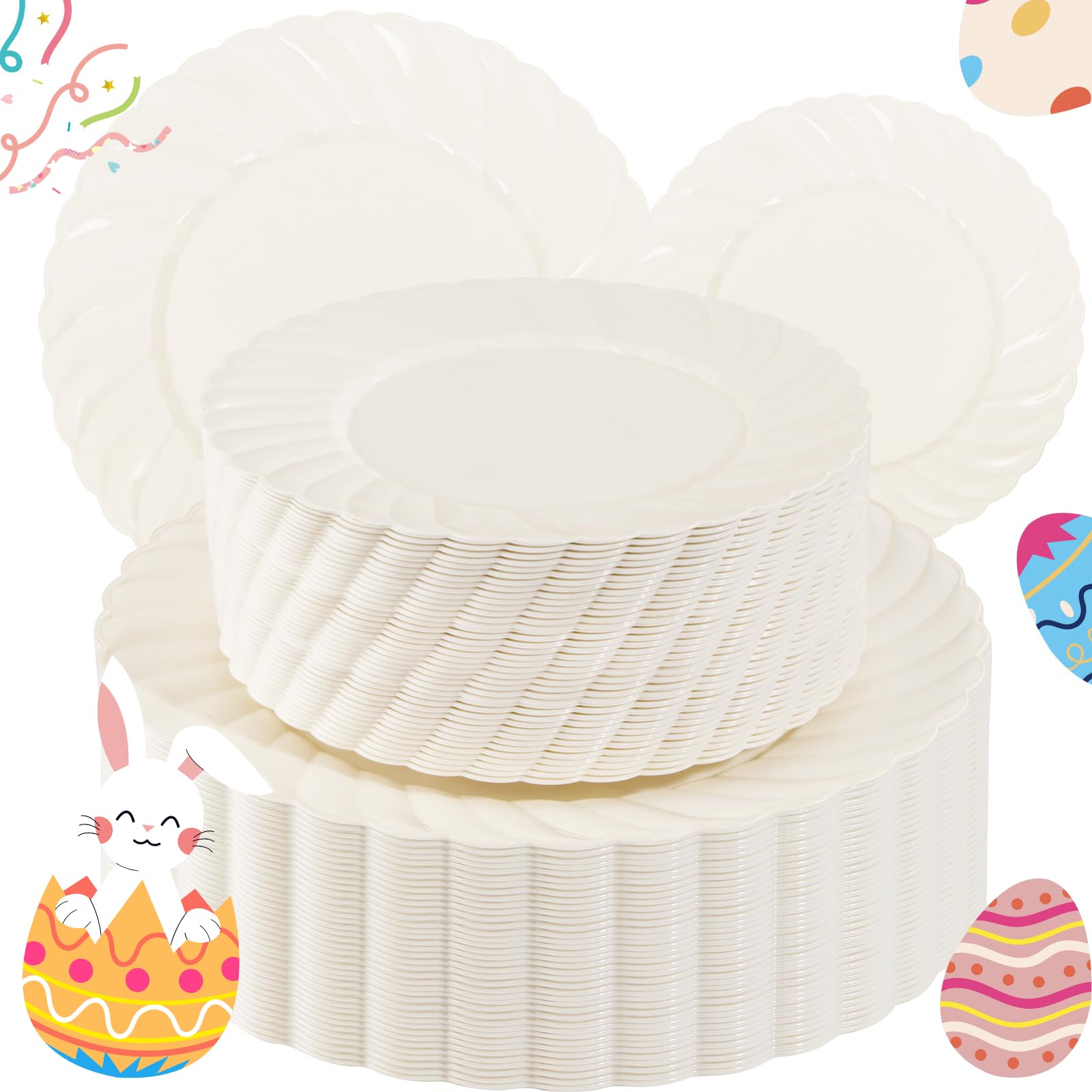 Premium 100-Piece Ivory Scalloped Plastic Plates Set for Parties - Heavy Duty Disposable Dinnerware (50PCS 9'' & 50PCS 6.5'') - Elegant Plastic Plates for Weddings, Birthdays, Baby Showers & Special Events