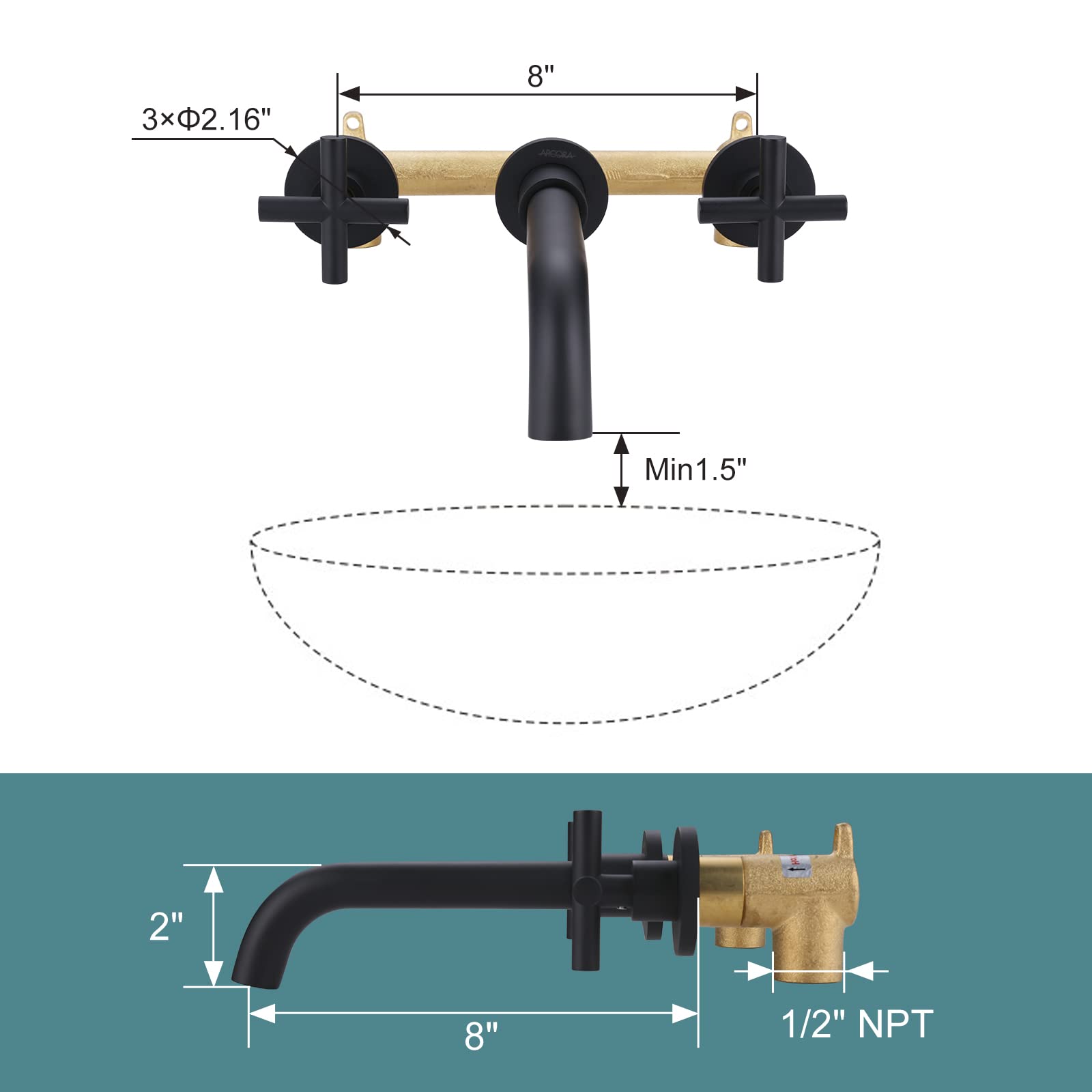 ARCORA Matte Black Wall Mount Bathroom Faucet - 2 Handle Vessel Sink Faucet with Rough-in Valve, Widespread 3 Hole Bathroom Sink Faucet for Modern Vanity & Luxury Home Decor
