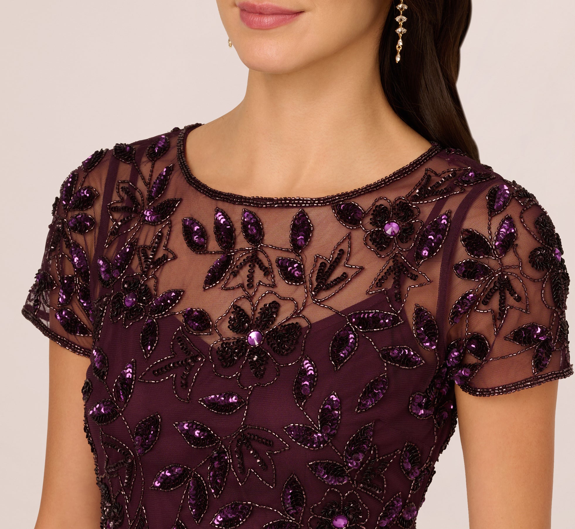 Hand Beaded Short Sleeve Floral Godet Gown in Night Plum - Elegant Evening Dress for Weddings, Parties & Special Occasions