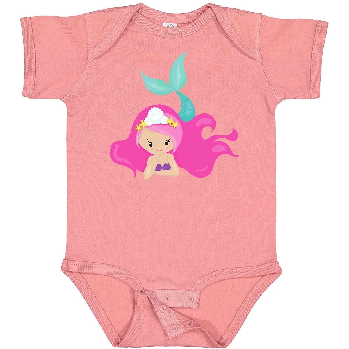 Inktastic Cute Mermaid Baby Bodysuit with Pink Hair & Starfish Design - Perfect for Beach Vacations, Birthday Parties & Mermaid-Themed Photoshoots