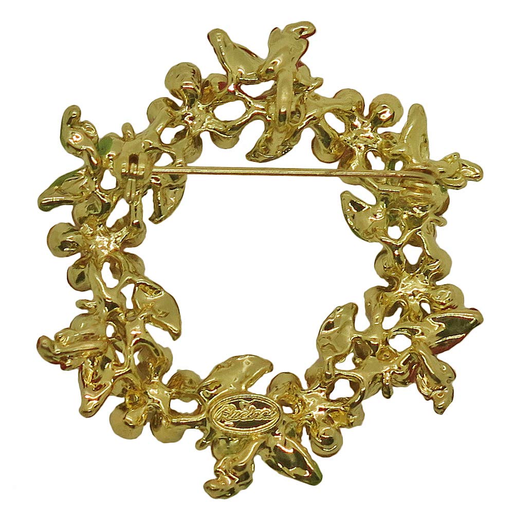 RUCINNI Gold Plated Xmas Wreath Brooch with Preciosa Crystals - Perfect for Holiday Parties & Gifts
