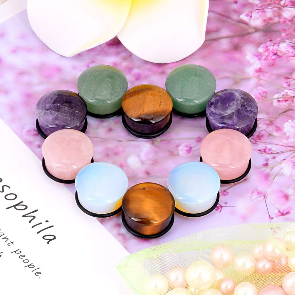 Longbeauty 10Pcs Mixed Stone Ear Gauges Plugs - Single Flared Tunnels with O-Rings for Ear Stretching & Piercing - Perfect for Body Jewelry & Alternative Fashion