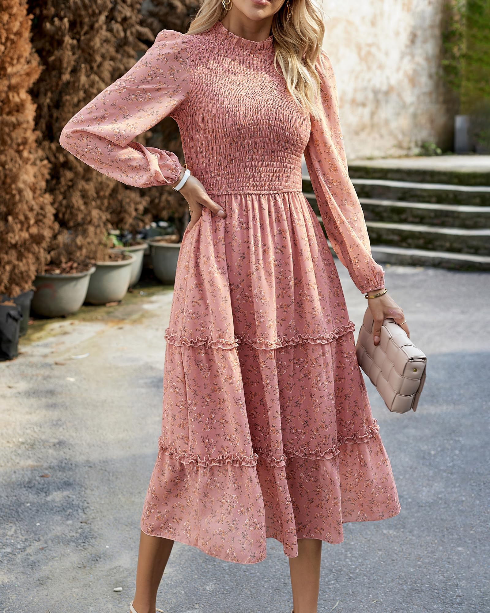 NOLLSOM Women's Floral Boho Maxi Dress - Long Sleeve Crew Neck A-Line Flowy Wedding Guest Dress for Spring 2025 | Perfect for Beach Vacations, Garden Parties & Casual Outings