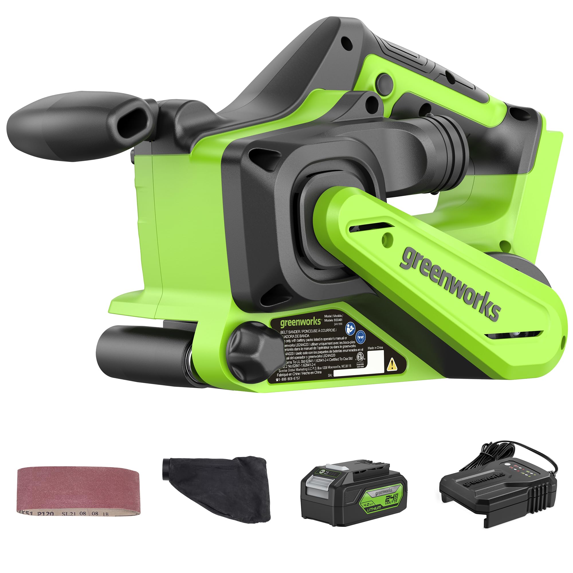 Greenworks 24V Brushless Cordless Belt Sander Kit - 3in x 18in with Dust Bag, 60 Grit Sandpaper, 4Ah Battery & Charger Included - Perfect for Woodworking, DIY Projects, and Home Renovations