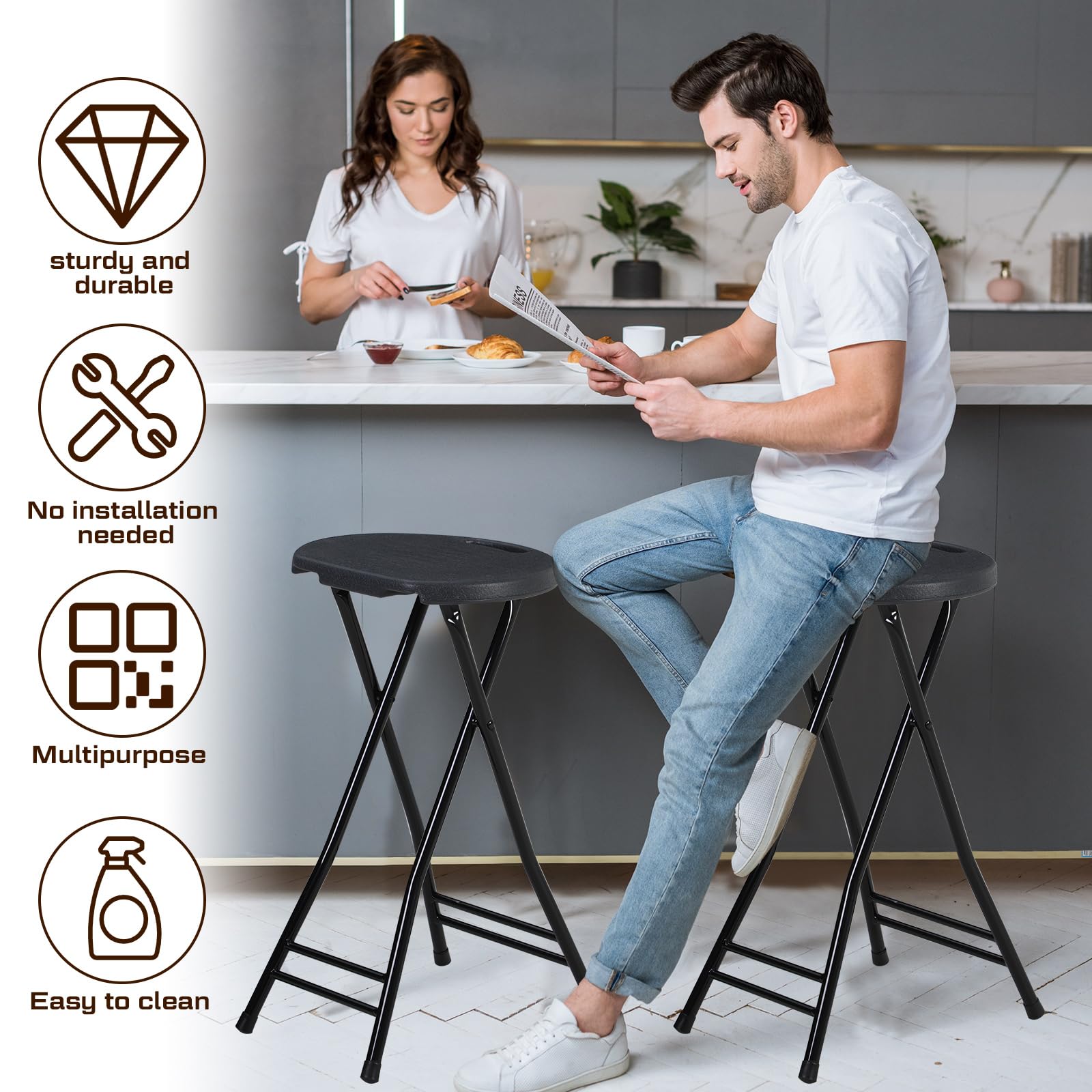Suzile 2 Pack 24 Inch Folding Stool - Heavy Duty 300lbs Capacity Portable Plastic Bar Stool with Handle for Kitchen, Counter, Camping, Indoor & Outdoor Use (Black)