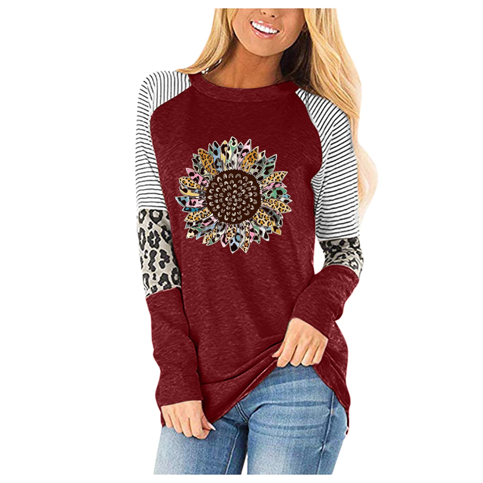 Women's Crewneck Raglan Long Sleeve Graphic Tee - Loose Pullover Top with Leopard & Sunflower Print - Casual Wear, Street Style, Weekend Outfits