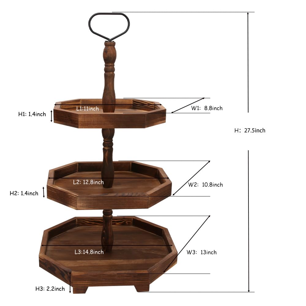 3-Tier Wooden Serving Tray - Rustic Farmhouse Decor for Kitchen, Desserts & Cupcakes | 27