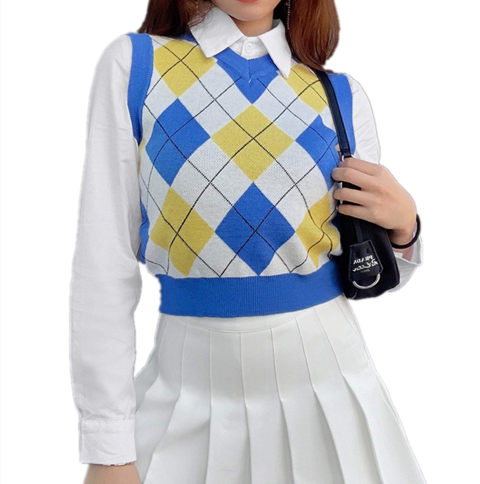 Hyipels Women's Argyle Sweater Vest | Y2K Plaid Knit Streetwear | Preppy Style V-Neck Crop Top | Fashion Knitwear for Girls | Perfect for Casual Outfits, Office Wear & Street Style Looks