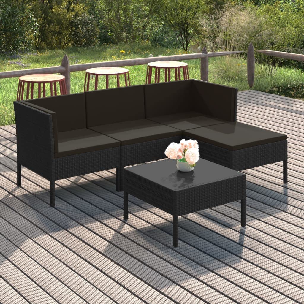 vidaXL 5-Piece Black Poly Rattan Patio Lounge Set with Cushions - Weather-Resistant Outdoor Furniture with Removable Washable Covers - Perfect for Garden, Poolside & Backyard Relaxation