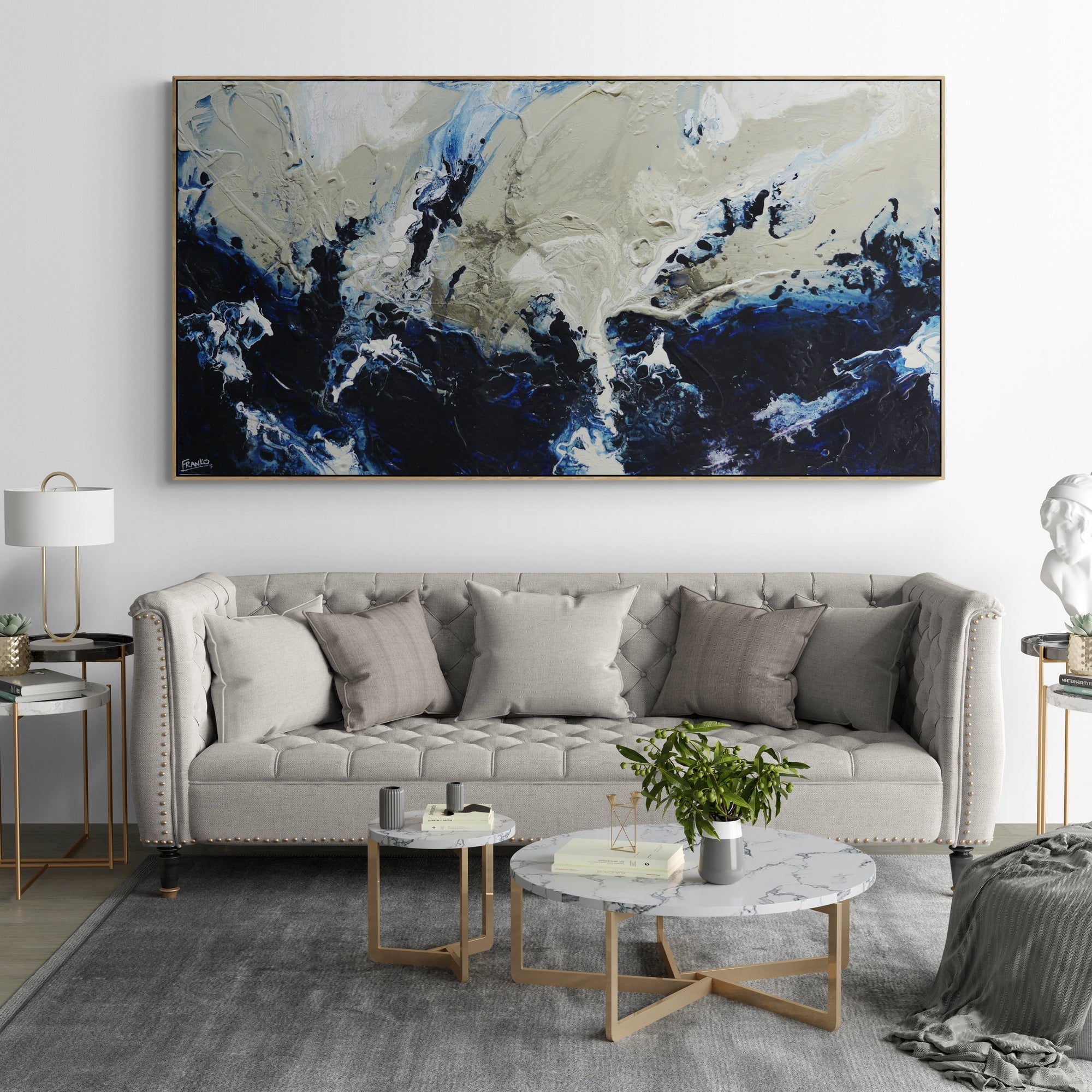 Deep Denim Blue Abstract Textured Canvas Painting 190cm x 100cm - Modern Wall Art for Living Room, Bedroom & Office Decor