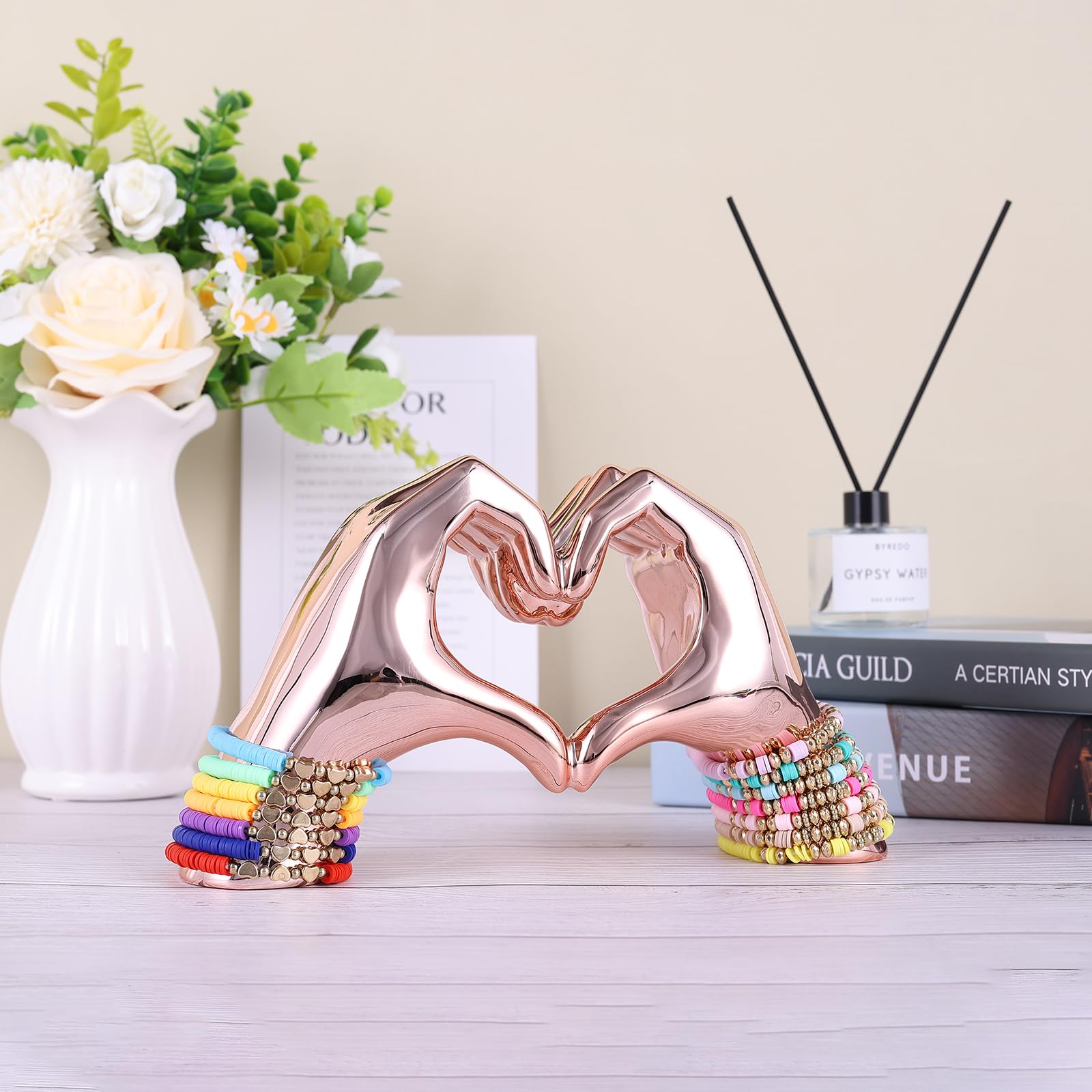 Pink Heart and Hand Sculptures - Bohemian Home Decor Statues for Wedding, Living Room, Bedroom, Office & Coffee Table | Unique Bookshelf & Edgy Room Decor
