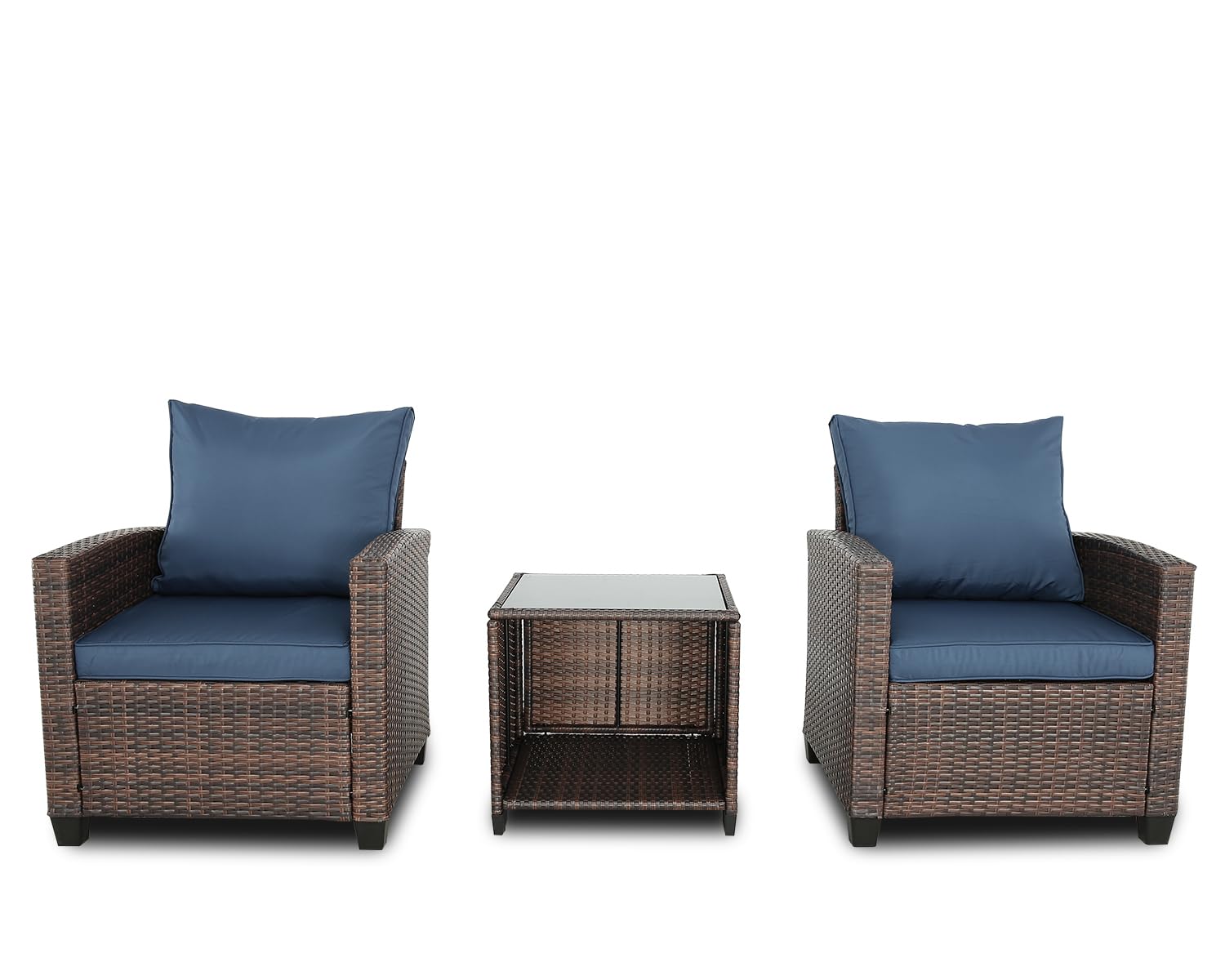 3-Piece Patio Furniture Set, PE Rattan Wicker Outdoor Sofa with Washable Cushions & Tempered Glass Table - Perfect for Balcony, Garden, Poolside & Backyard (Brown & Navy Blue) | Weather-Resistant Outdoor Lounge Set for Relaxing & Entertaining