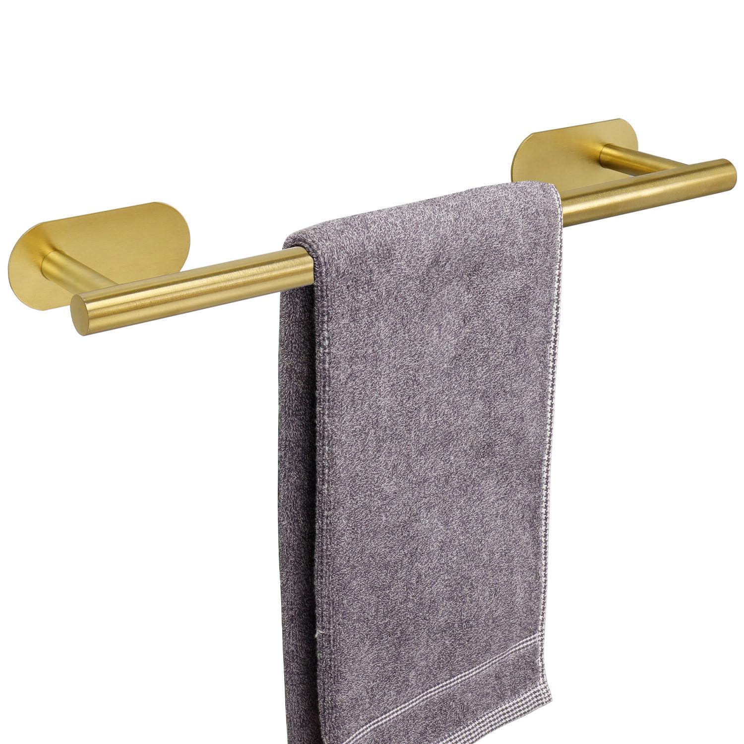 TocTen Self Adhesive No Drill Towel Bar - 16 Inch Rustproof Stainless Steel Bathroom Towel Holder - Damage-Free Easy Install Bath Towel Rack (Brushed Gold) - Perfect for Bathrooms, Kitchens & Small Spaces