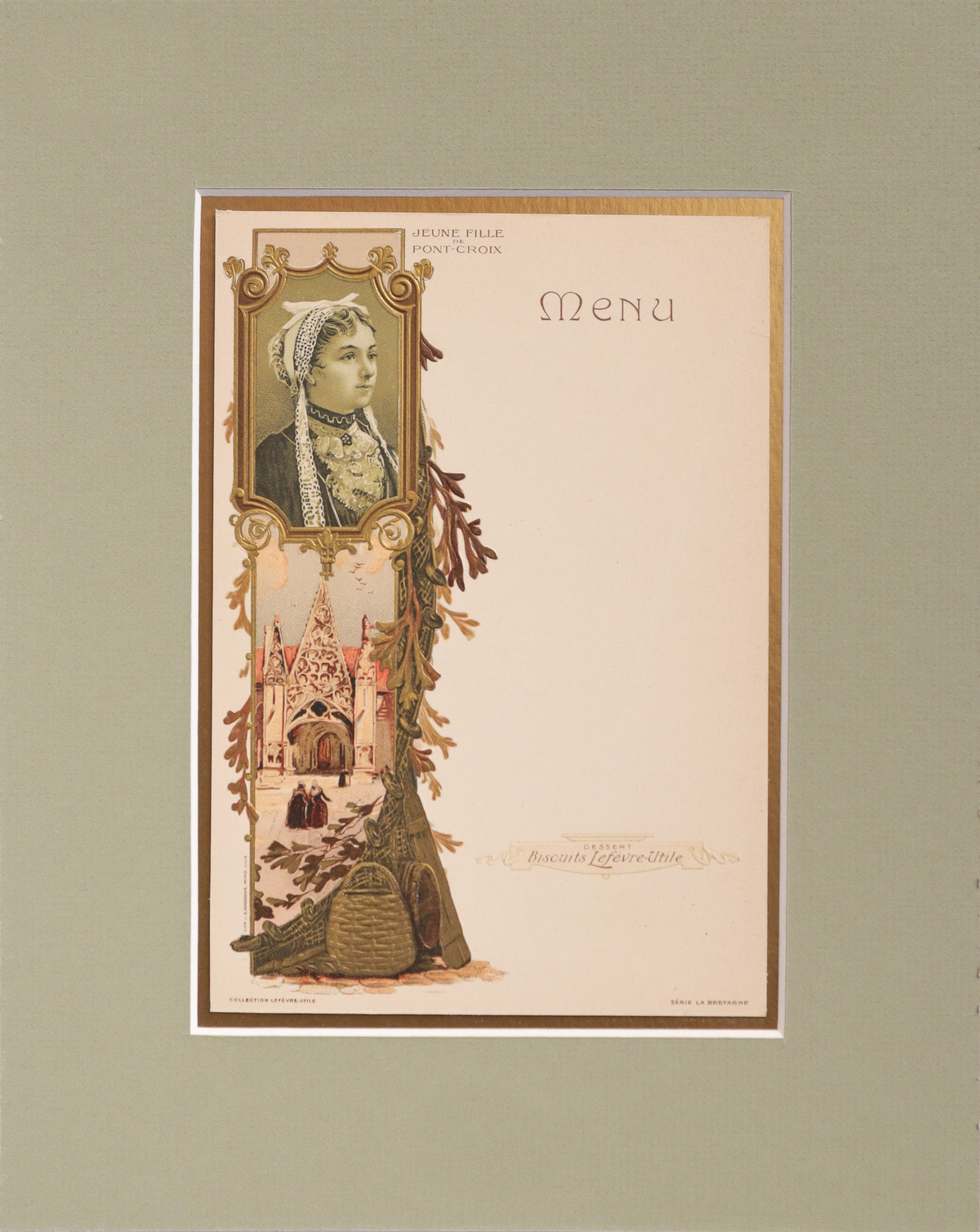1900 Original French Advertising Menu - Vintage Breton Girl from Pont Croix - Matted Art Print - Perfect for Home Decor, Office Wall Art & French Culture Collectors