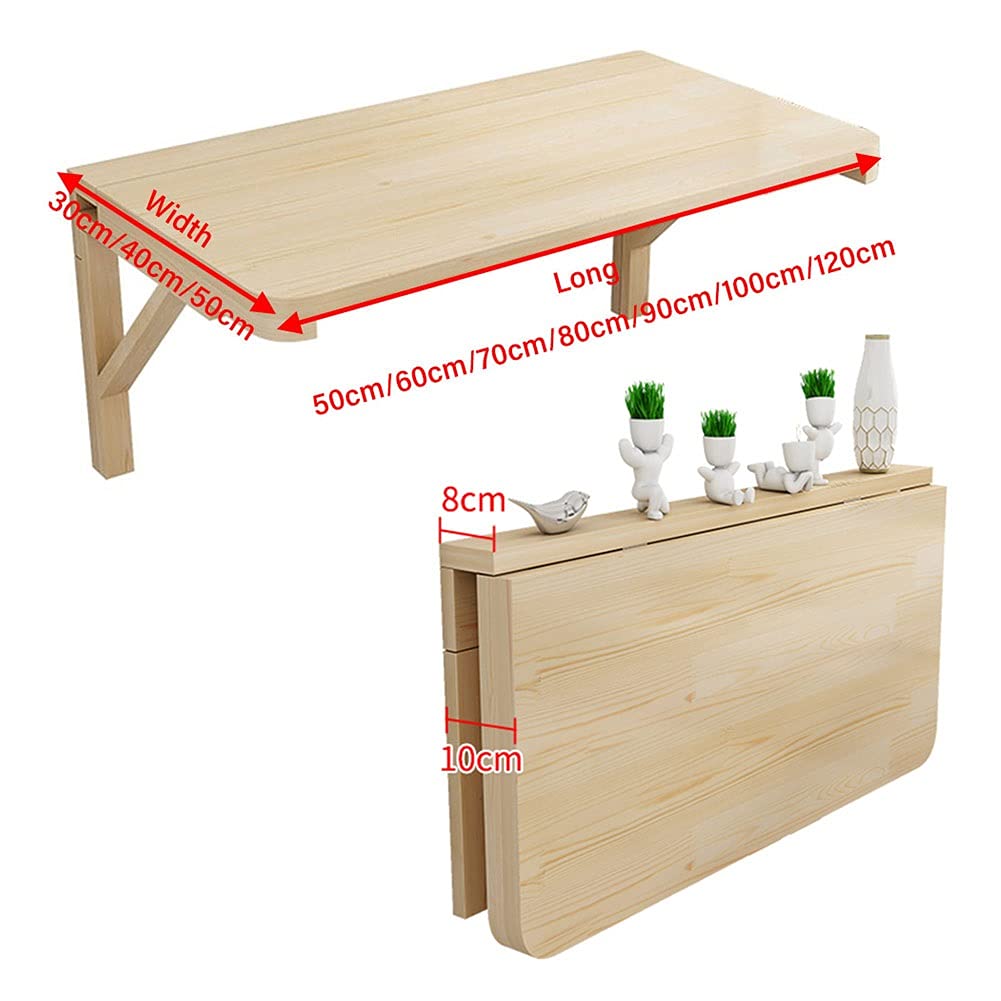 Foldable Wall Mounted Table - Natural Pine Wood Dining & Computer Desk with Triangular Bracket for Small Spaces | Perfect for Kitchen, Home Office, Laundry Room & Bar Use