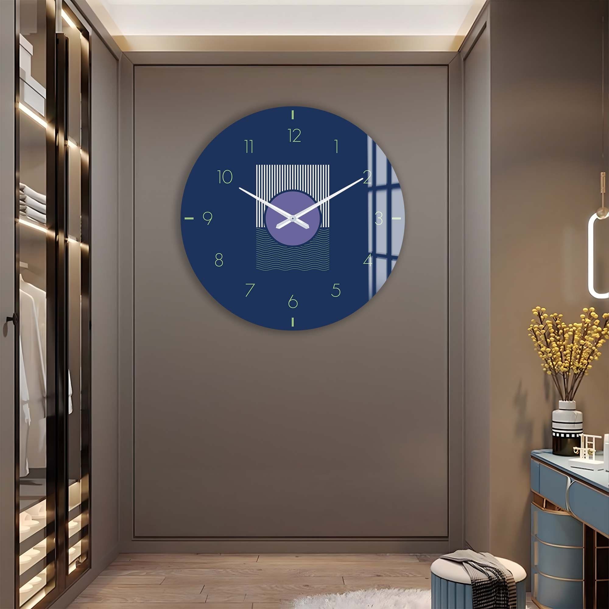 Navy Blue Glass Wall Clock - Modern Decorative Clock for Living Room, Bedroom & Office - Silent Non-Ticking Battery Operated